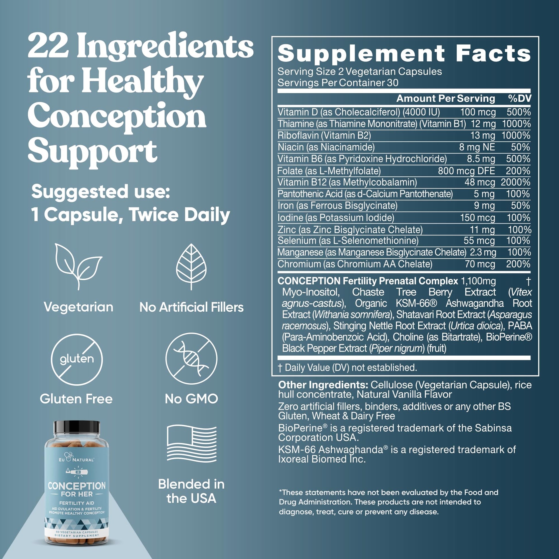 Eu Natural Conception for Her Fertility Supplements for Women - Ovulation, Hormonal Balance & Regular Cycle Support - Myo-Inositol, Folate, Folic Acid & Vitex - 60 Vegetarian Capsules Eu Natural uk supplements