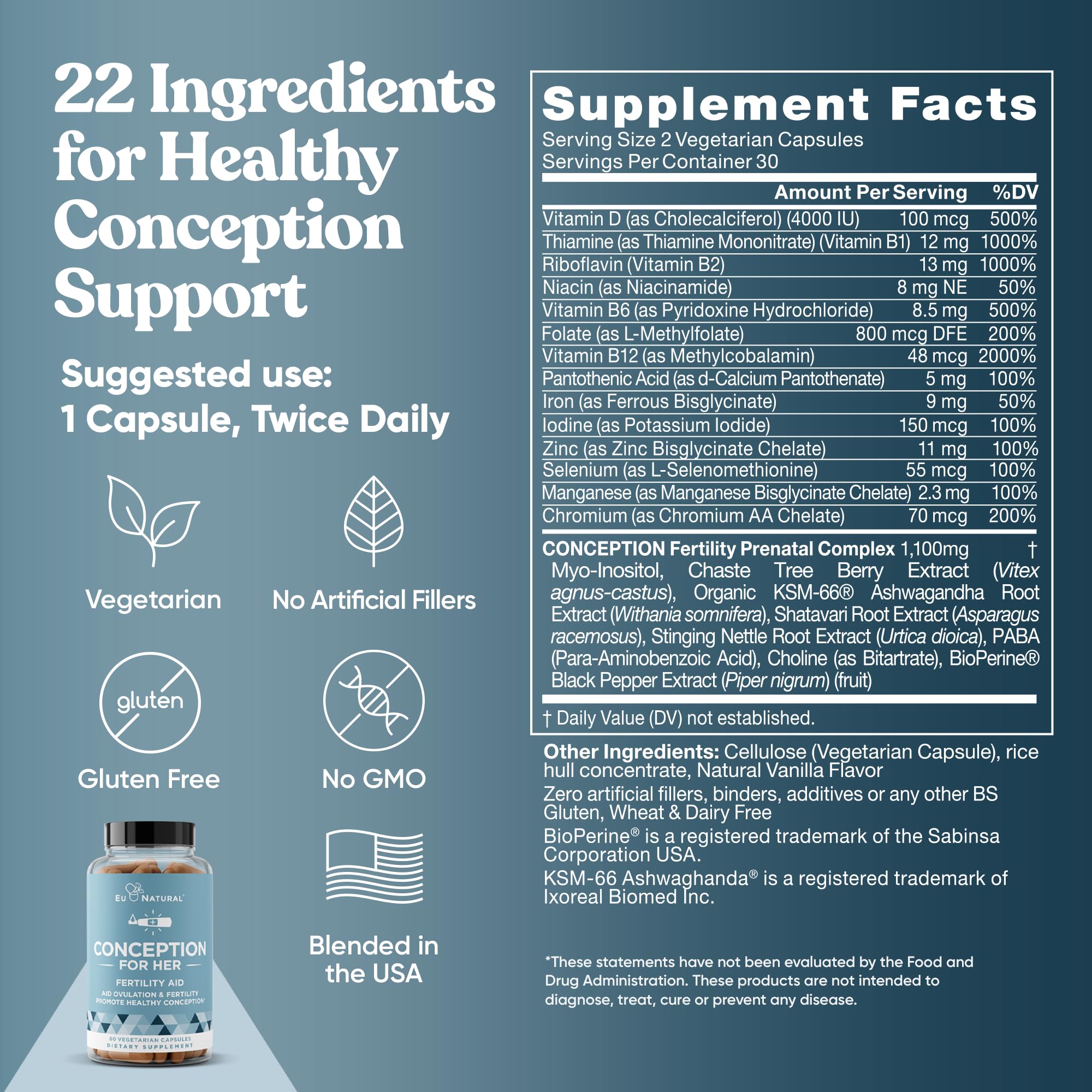 Eu Natural Conception for Her Fertility Supplements for Women - Ovulation, Hormonal Balance & Regular Cycle Support - Myo-Inositol, Folate, Folic Acid & Vitex - 60 Vegetarian Capsules Eu Natural uk supplements