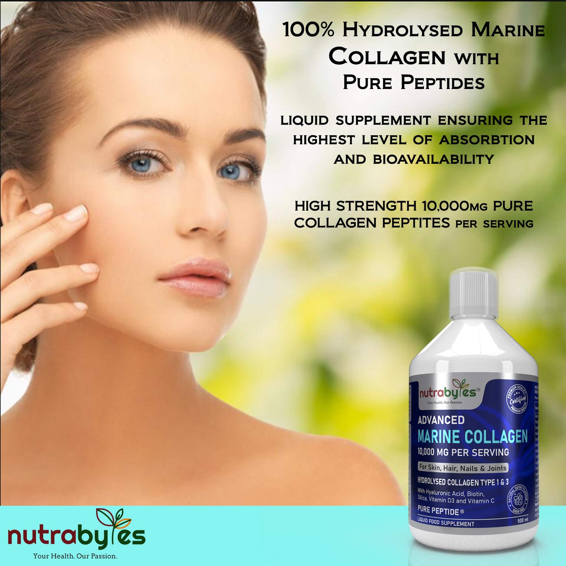 Marine Collagen Liquid 10000mg Sugar Free, Hydrolysed Peptides | Hyaluronic Acid, Biotin, Silica, Vitamin C, Vitamin D3 NUTRABYTES uk supplements