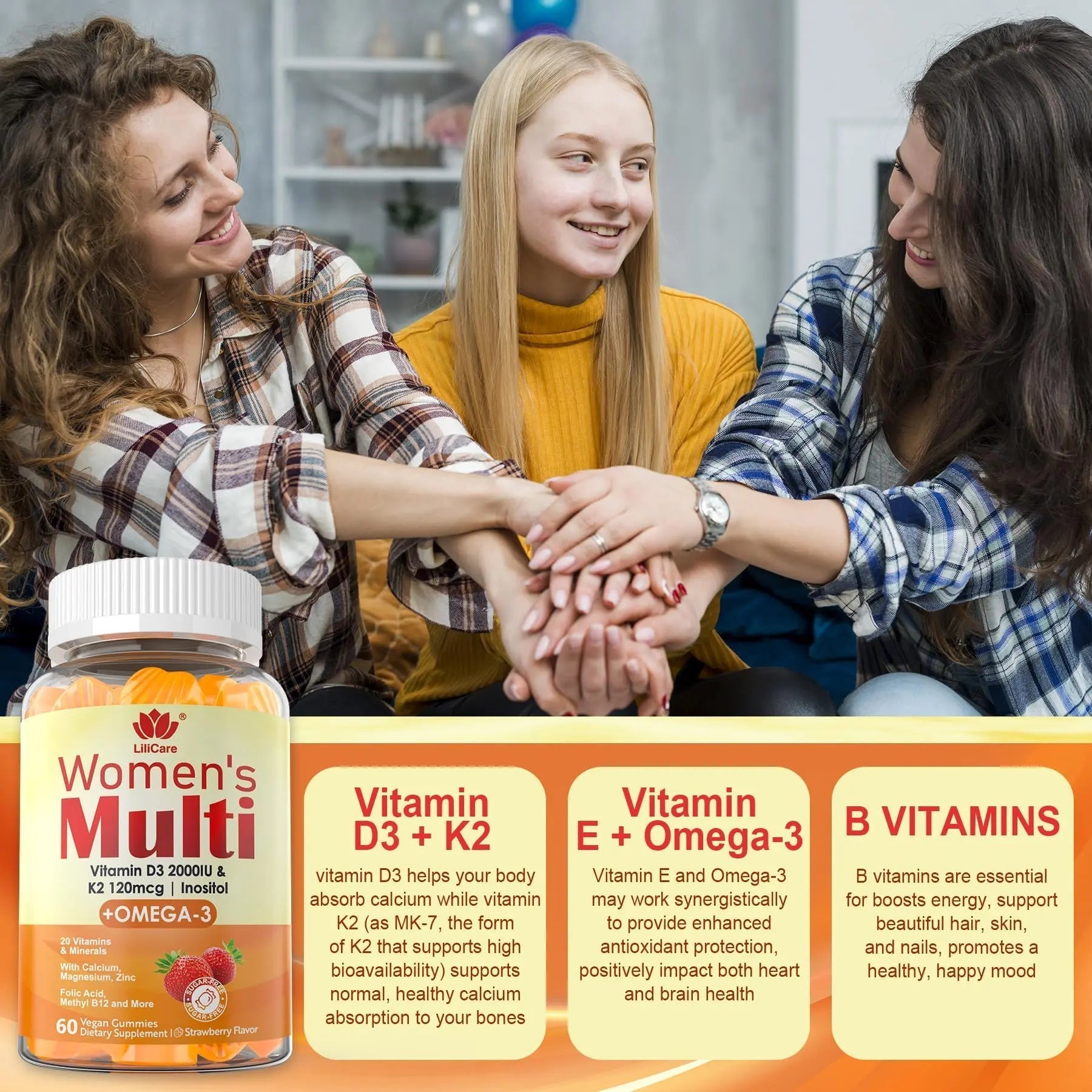 Womens Multivitamin Gummy with Omega 3（DHA/EPA), Vitamin D3 K2, Calcium, Inositol, Daily Womens Vitamin A C E B Complex LILICARE uk supplements