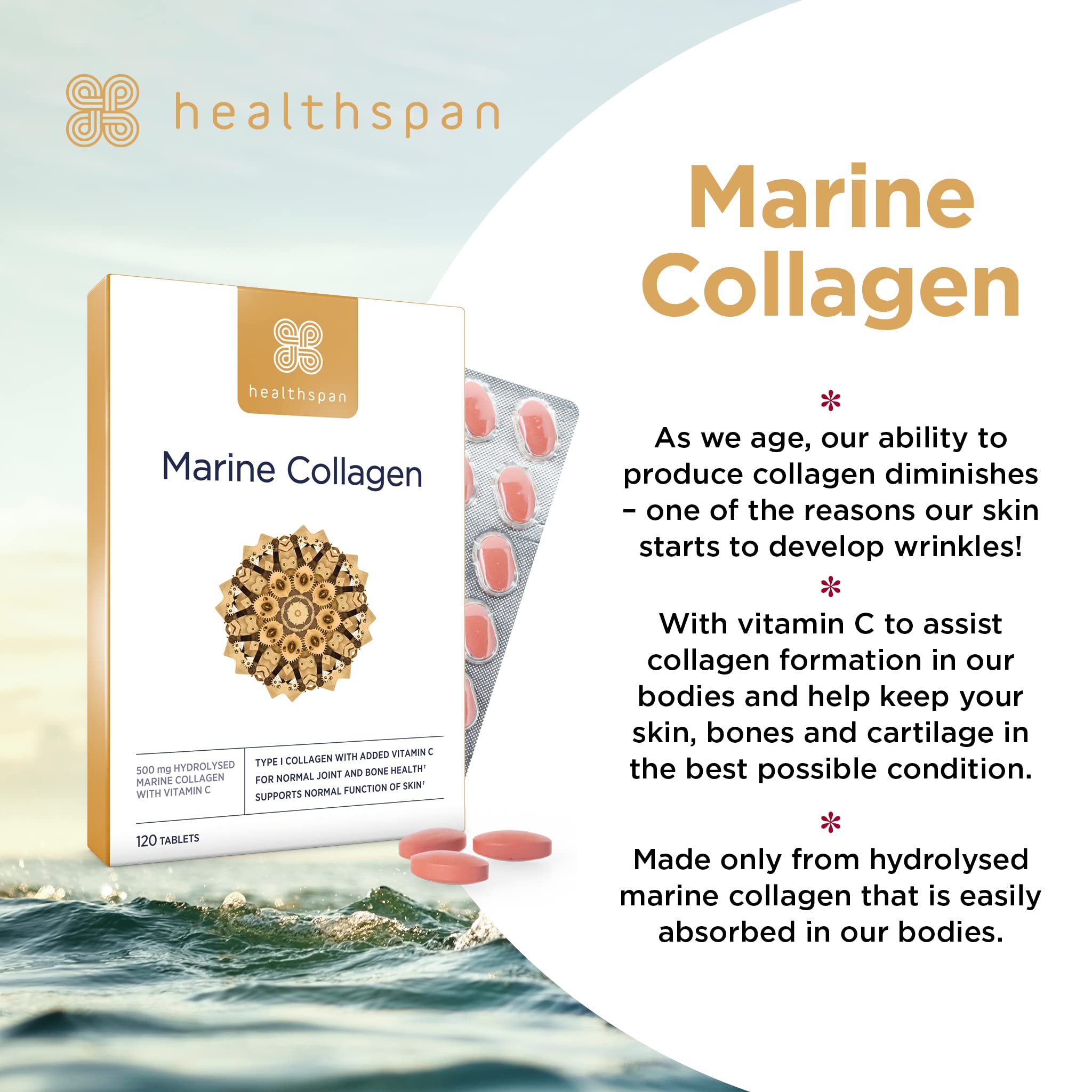 Healthspan Marine Collagen 500mg (120 Tablets) | Hydrolysed Type I Marine Collagen healthspan uk supplements