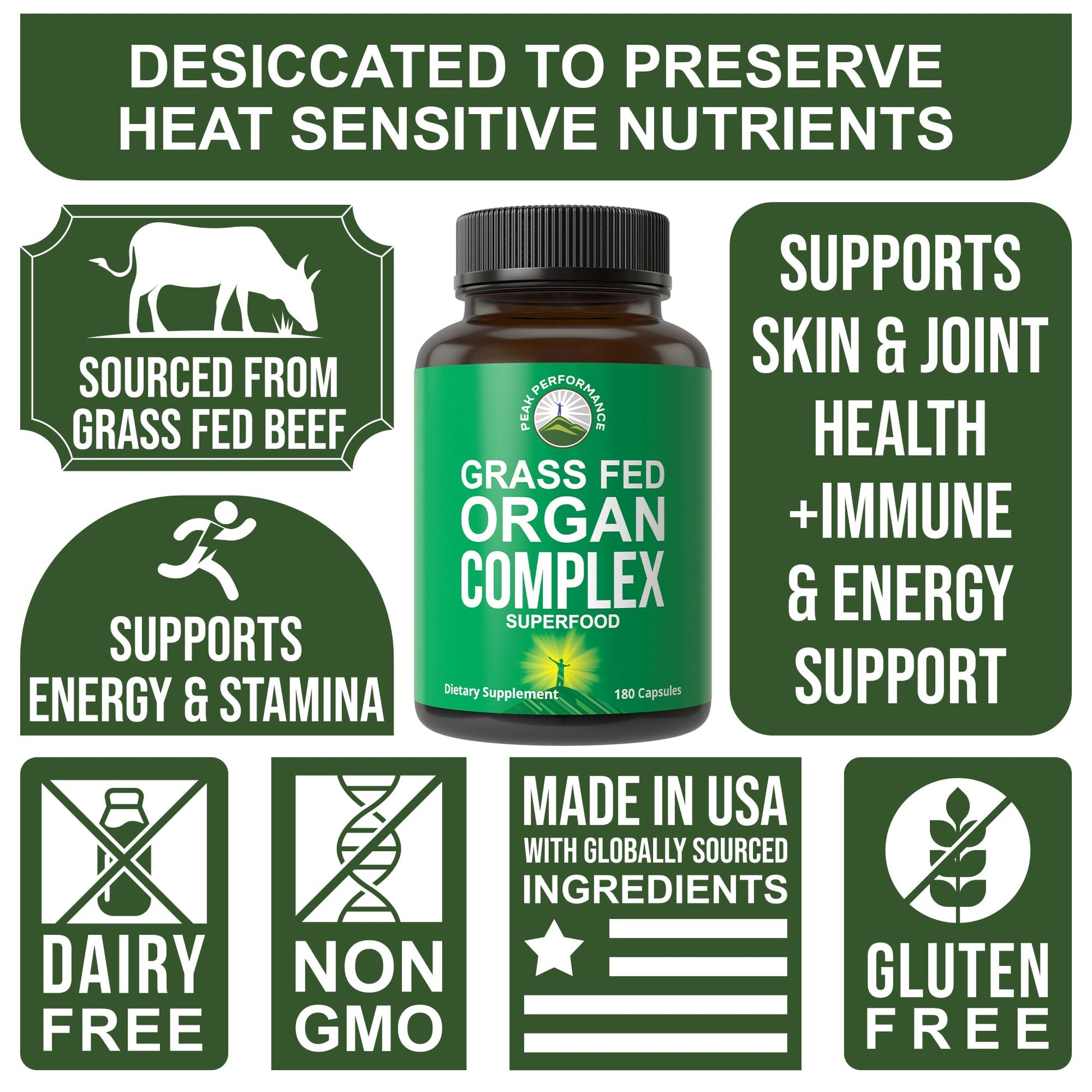 Peak Performance Grass Fed Beef Organ Complex from New Zealand (180 Capsules) Desiccated Organs Superfood Pills. GrassFed Beef Liver Capsules with Heart, Kidney, Pancreas, Spleen. Supplement Peak Performance uk supplements