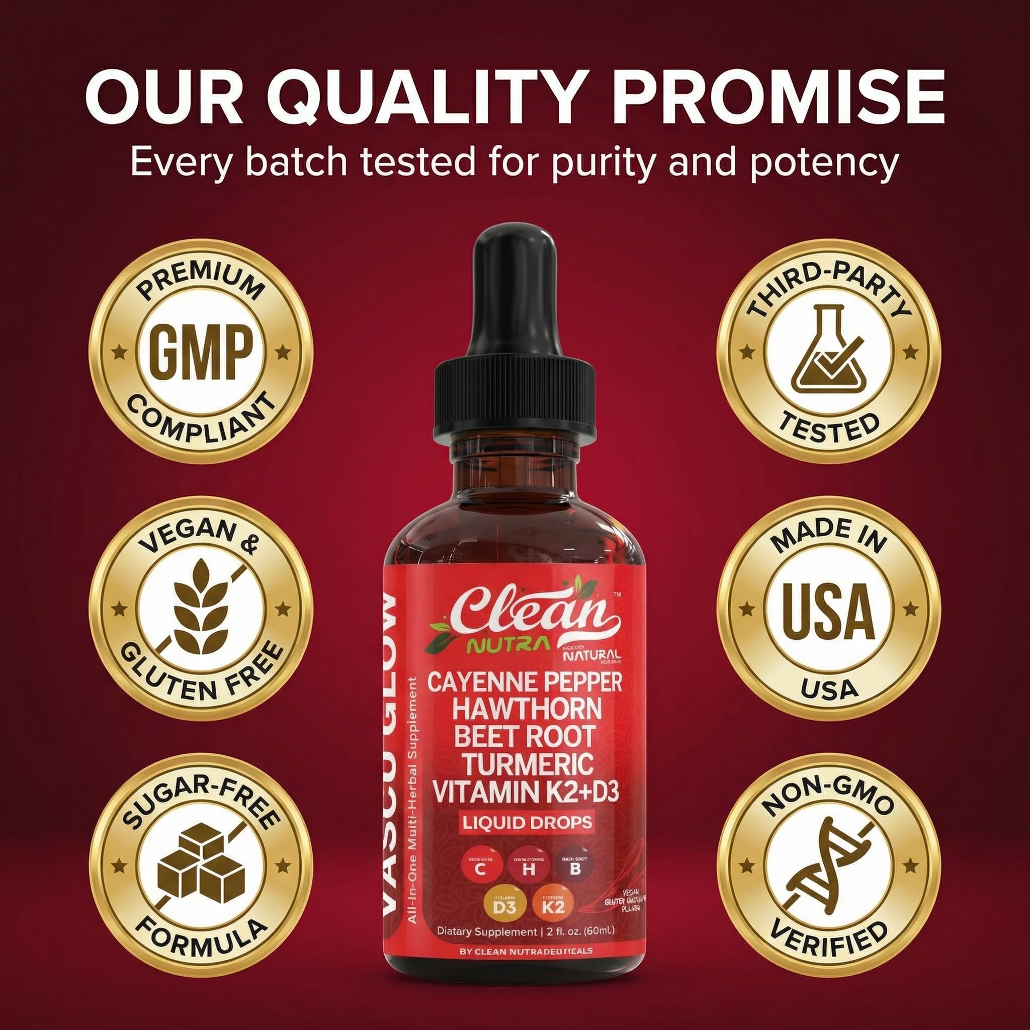 Clean Nutra Cayenne Pepper Drops Supplement Liquid + Hawthorn Berry, Vitamin D3 K2 Beet Root Powder, Ceylon Cinnamon, Turmeric Curcumin, Organic Panax Ginseng, Berberine Extract 1 Pack Clean Nutraceuticals uk supplements