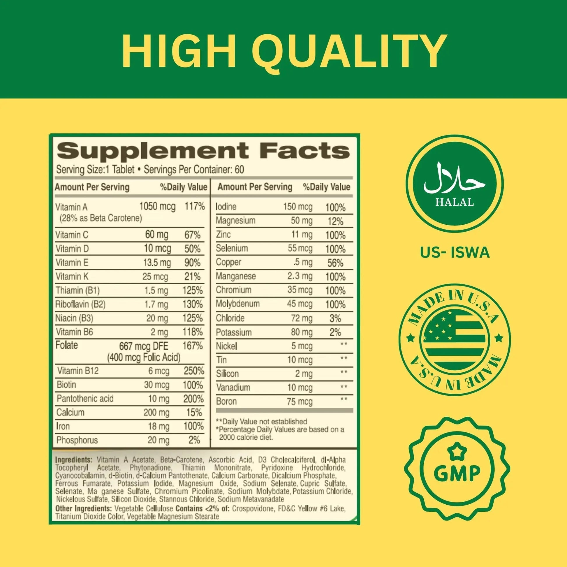 Greenfield Nutritions Halal Multivitamins for Women and Men - 60 Gelatin Free Multivitamin Tablets with 27+ Vitamin Minerals, A, B12, C, D3, Iron and Zinc GREEN FIELD NUTRITIONS uk supplements
