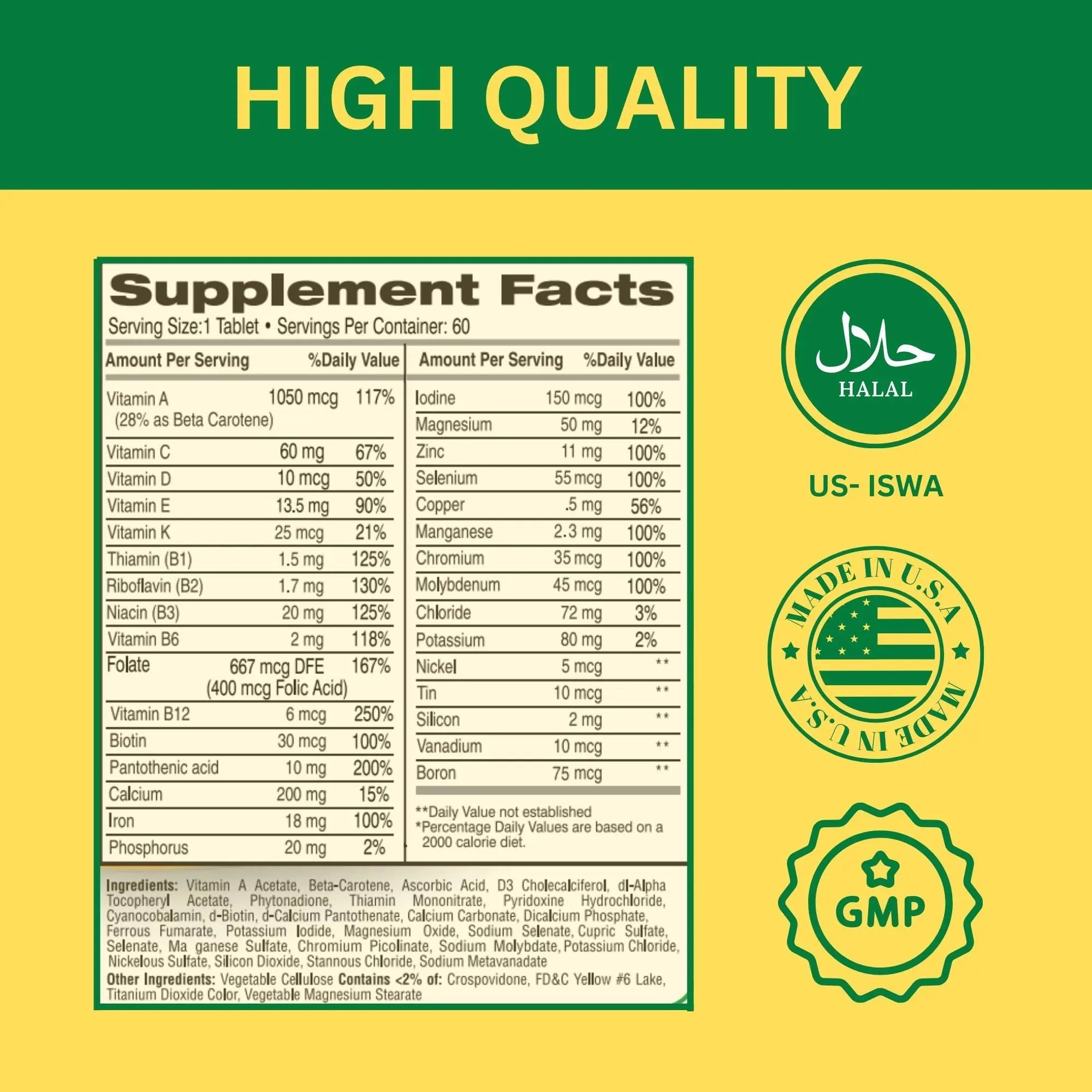 Greenfield Nutritions Halal Multivitamins for Women and Men - 60 Gelatin Free Multivitamin Tablets with 27+ Vitamin Minerals, A, B12, C, D3, Iron and Zinc GREEN FIELD NUTRITIONS uk supplements
