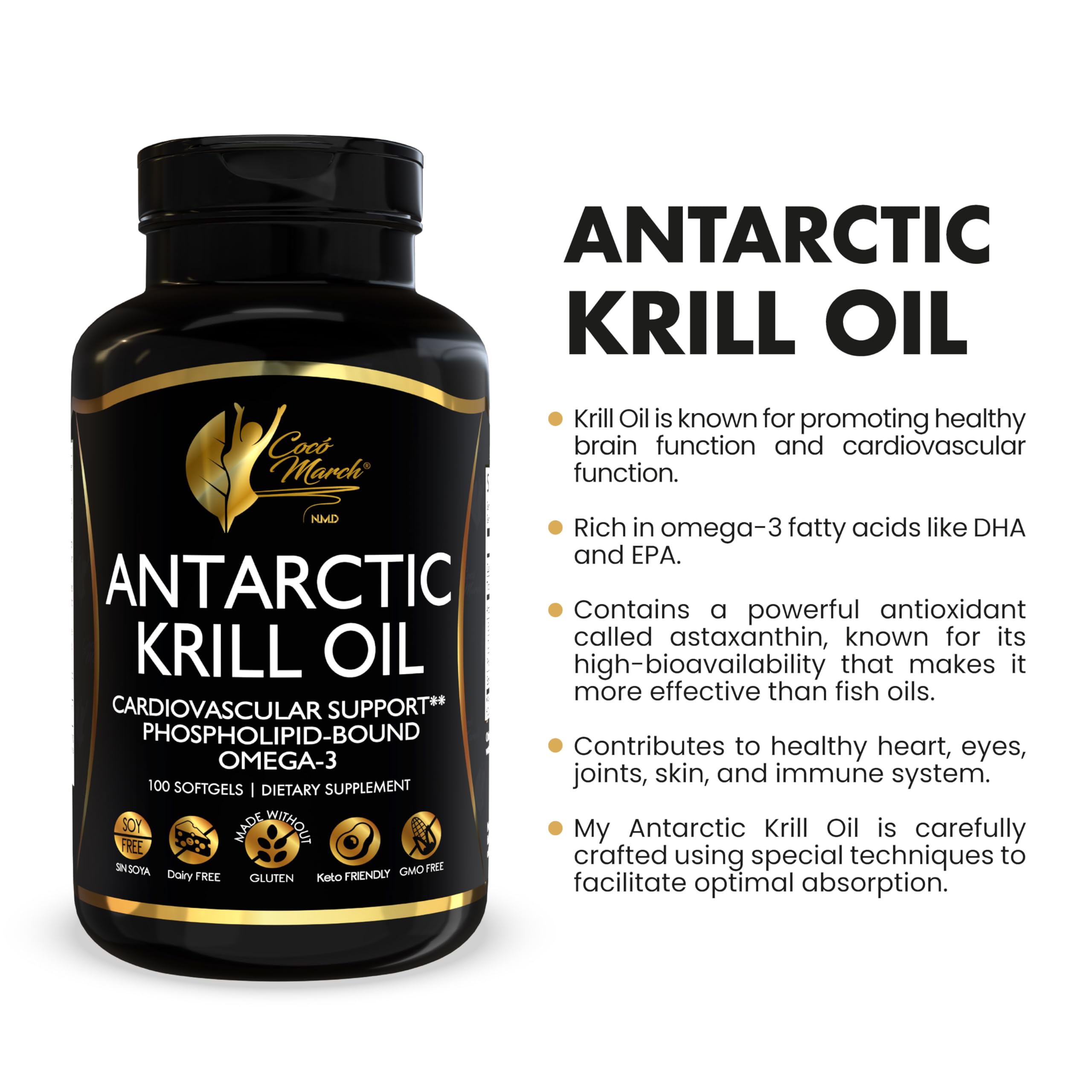 Cocó March N.M.D Pure Antarctic Krill Oil 1000mg – Omega 3 Fish Oil Supplement with EPA, DHA, Choline & Astaxanthin – Fast Absorption, Immune, Heart & Joint Support for Men & Women – 100 Softgels Cocó March N.M.D uk supplements