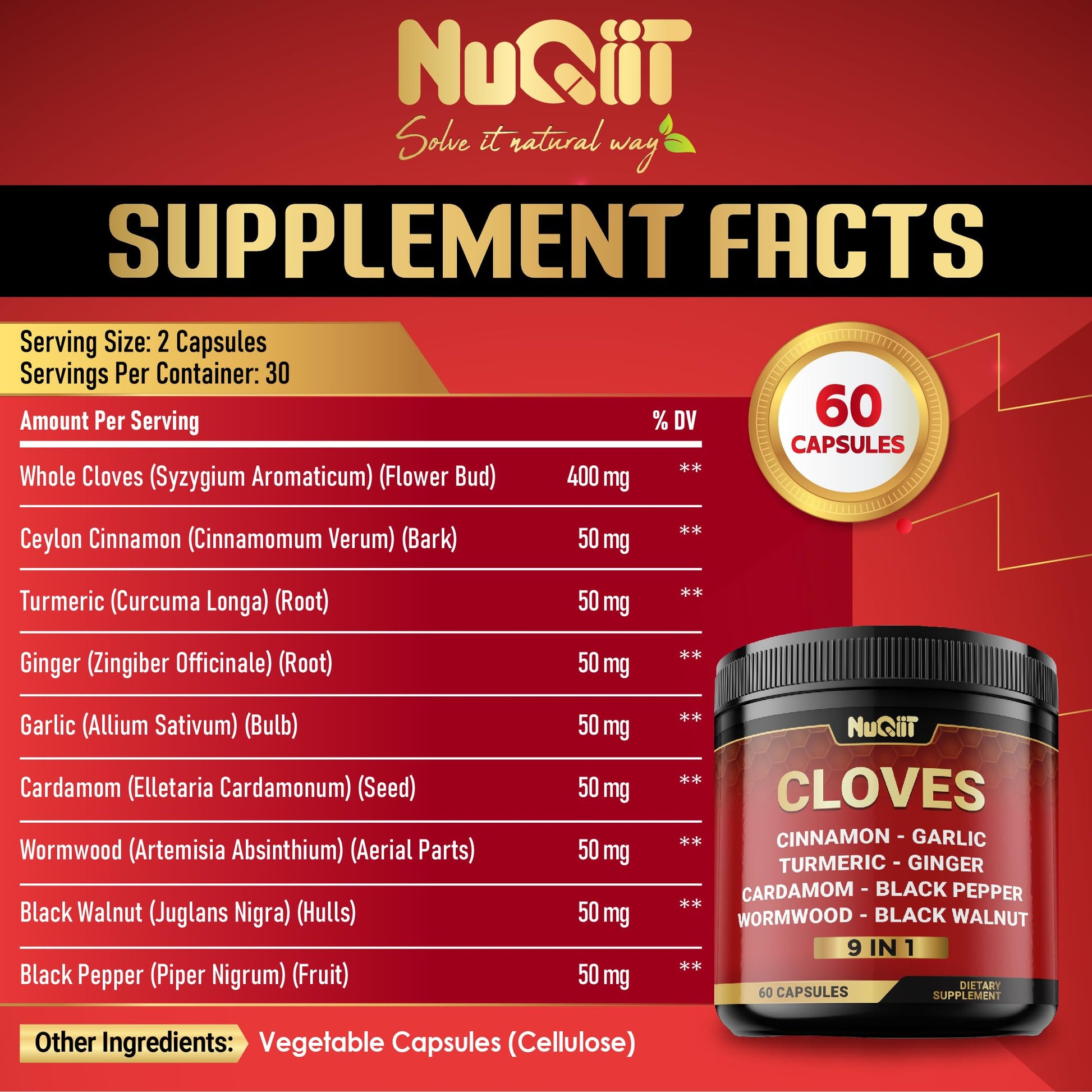 9in1 Clove Supplement Rich in Vitamins & Minerals for Digestive, Immune System, Bone & Heart Health with Cinnamon, Turmeric, Ginger, Cardamom, Garlic, Wormwood, Black Walnut - 60 Capsules - 30 Days NUQIIT uk supplements
