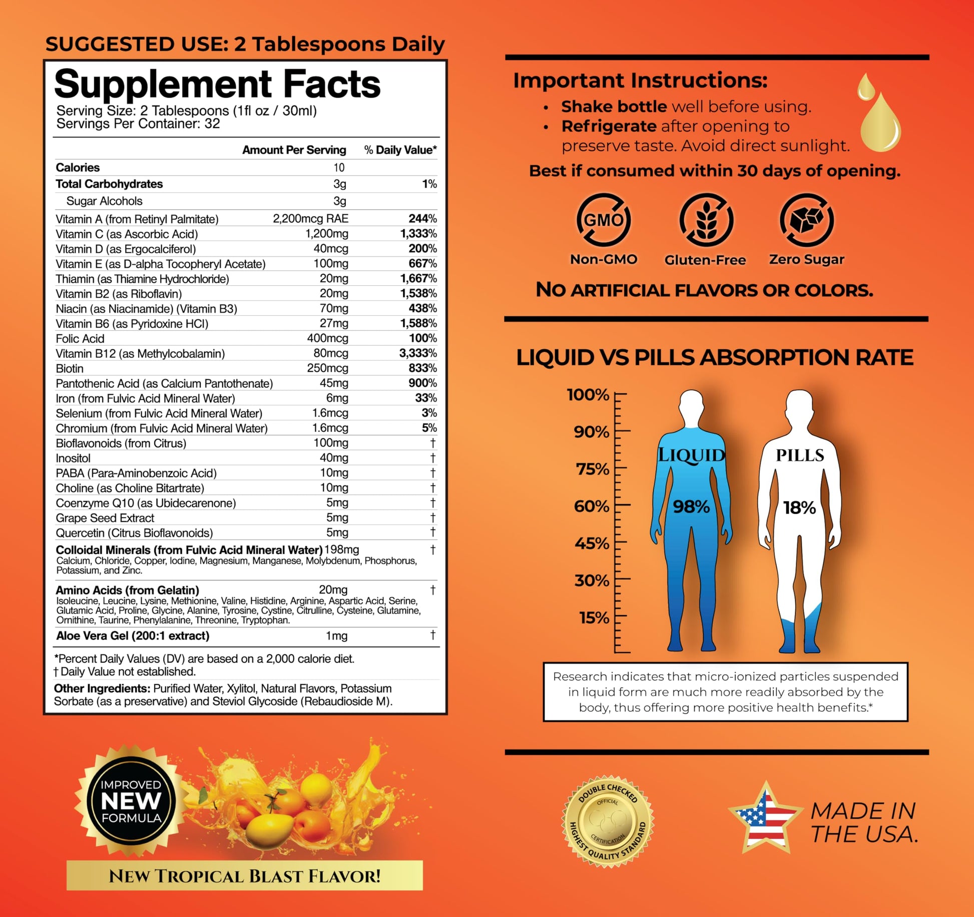 Mega Premium Liquid Multivitamin | Natural Immune Support Vitamin w/ 1333% Vitamin C, 200% D3, Zinc + 20 Vitamins, 70 Minerals, & 21 Amino Acids | Sugar Free | Orange Flavor | 98% Absorption | 32 Serv Tropical Oasis uk supplements