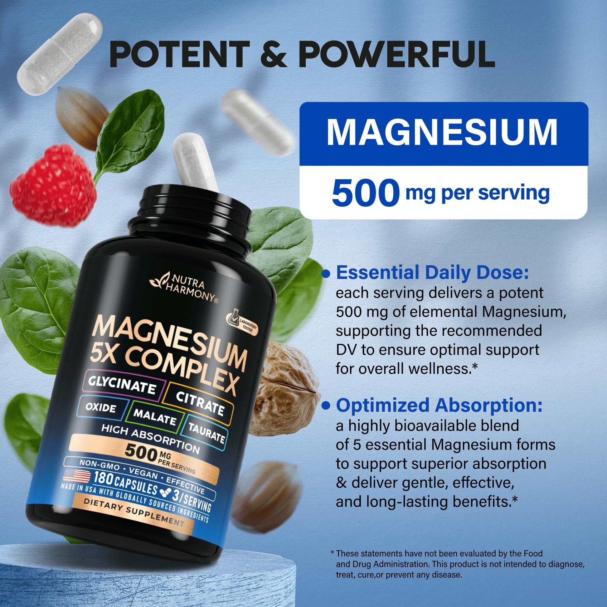 Magnesium Supplement - 5 in 1 Complex | Glycinate | Citrate | Malate | Taurate | Oxide - Made in USA - Stress, Muscle & Heart Support - Vegan, Natural, Non-GMO - 180 Capsules, 2 Month Supply NUTRAHARMONY uk supplements