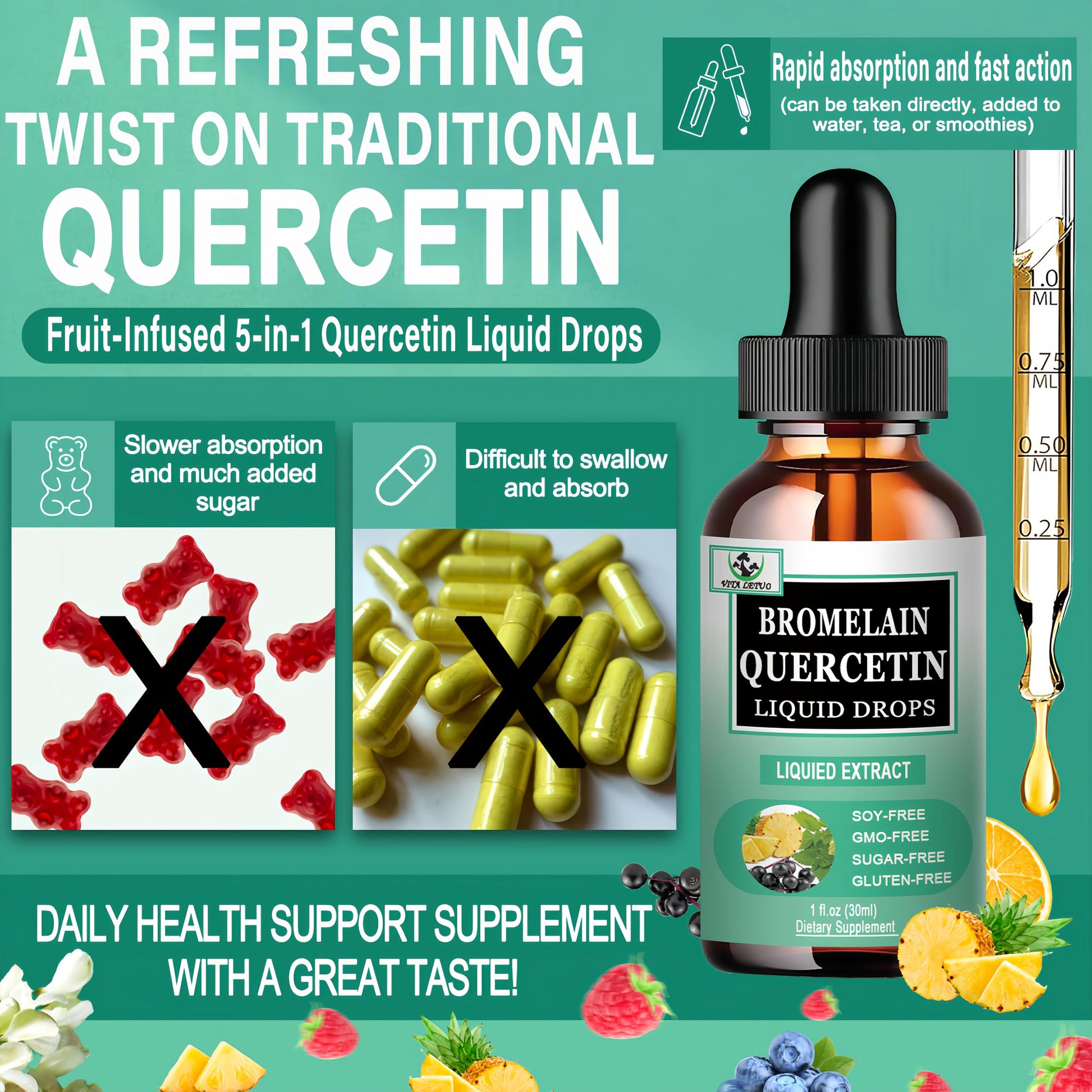 Quercetin Liquid Drops, Quercetin with Bromelain Elderberry Nettle Leaf Vitamin C Liquid Supplements, High Absorption Quercetin Liquid Drops for Women Men, Healthy Immune Antioxidant Support, Non-GMO Vita letuo uk supplements