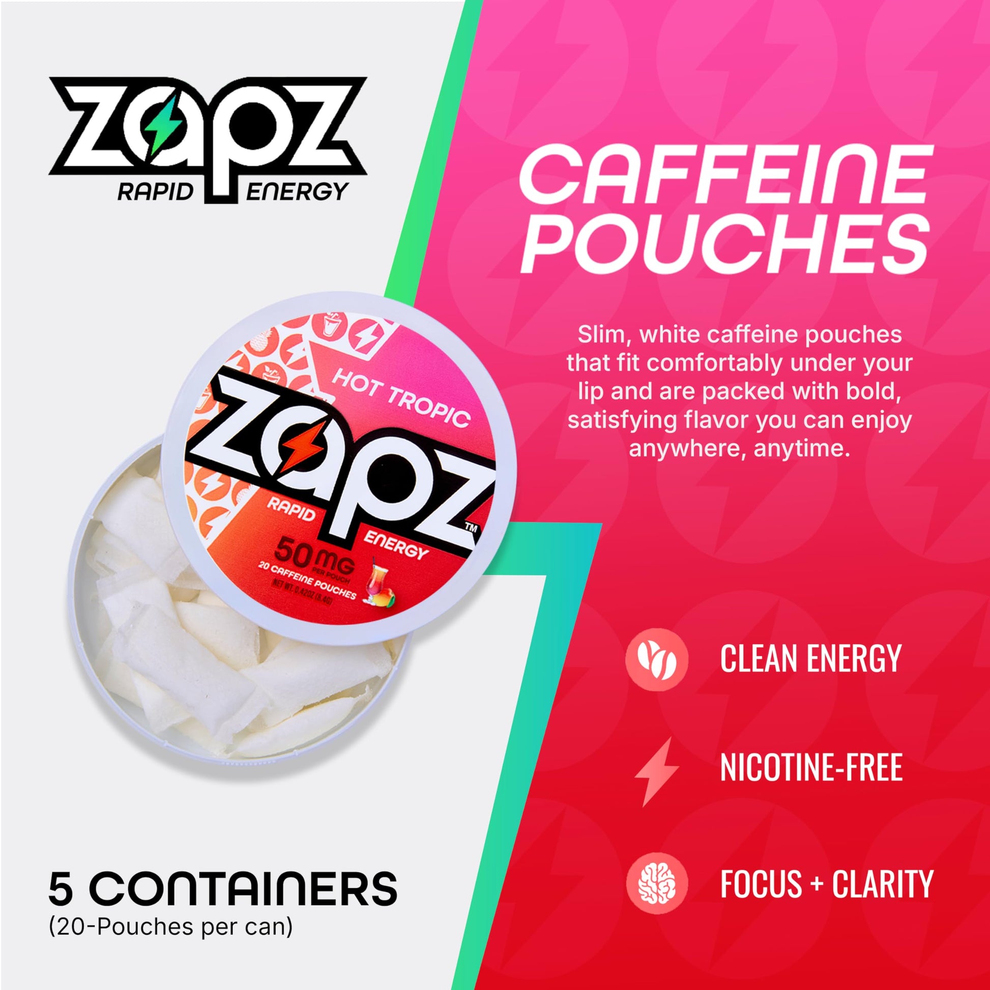 ZAPZ Caffeine Pouches, Hot Tropic, 5 Cans x 20 Count, Energy Pouches with 50mg Caffeine, Nootropic Focus Support, Niacin, L-Theanine, L-Tyrosine, Sugar Free, No Coffee Grinds ZAPZ uk supplements