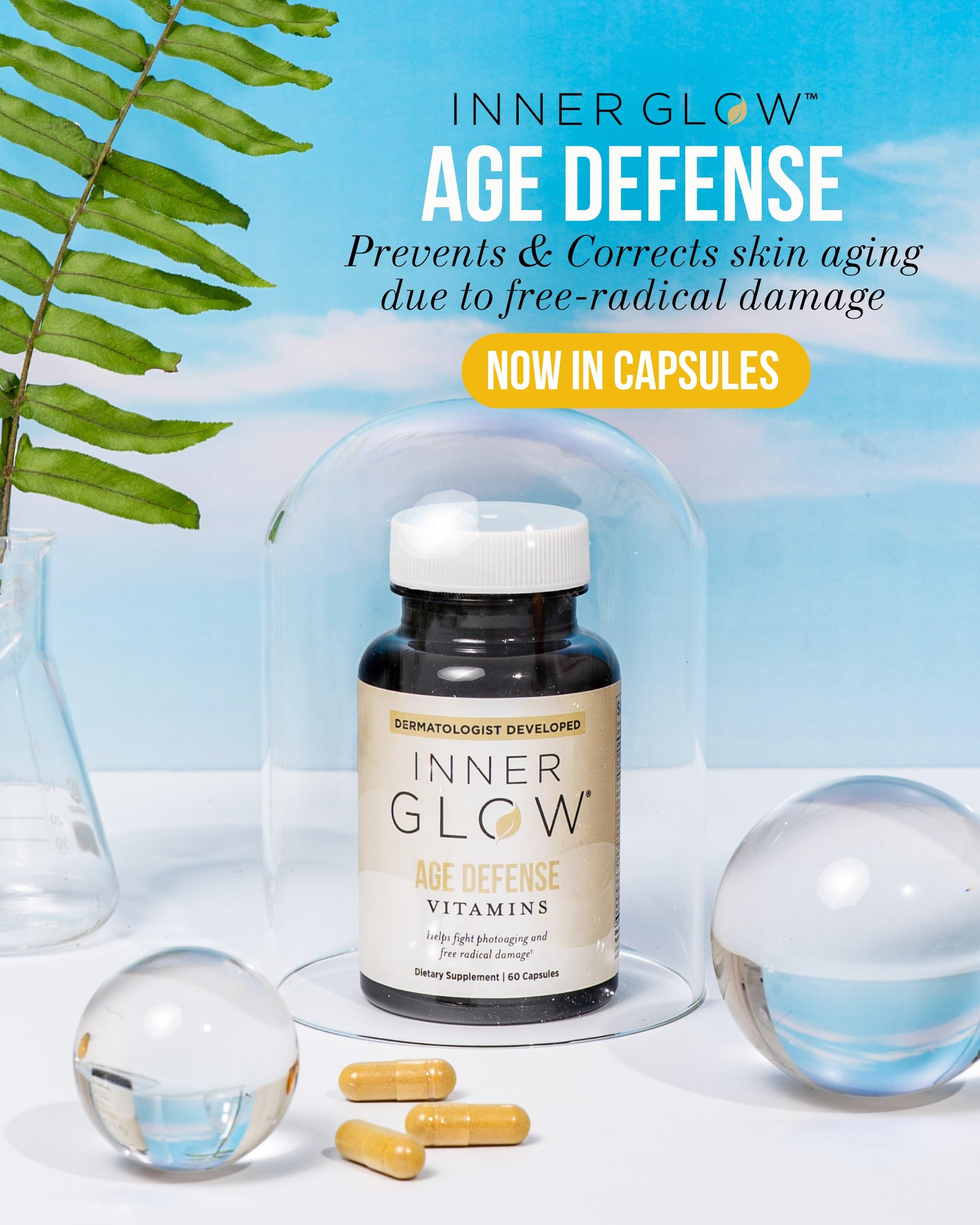 Inner Glow Age Defense Vitamins - Dermatologist and Plastic Surgeon Developed to Fight photoaging and Melasma, Polypodium Leucotomos Antioxidant Formula – Vegan, Gluten-Free – 60 Capsules Inner Glow uk supplements