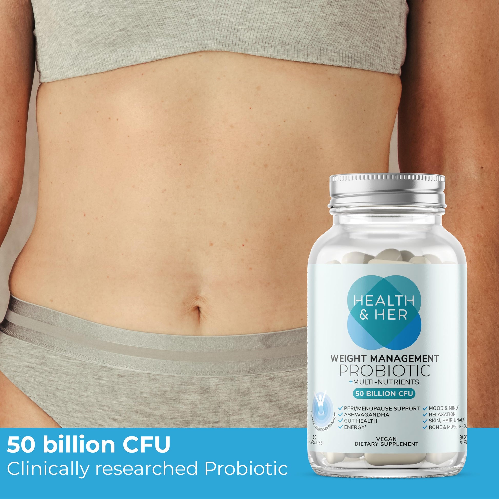 Health & Her Weight Management Probiotics for Women - Perimenopause & Menopause Supplement - Clinically Studied 50bn CFU Probiotics to Support Gut Health, Energy, Mood & Mind, Vegan (60 ct - 1 Month) Health and Her uk supplements