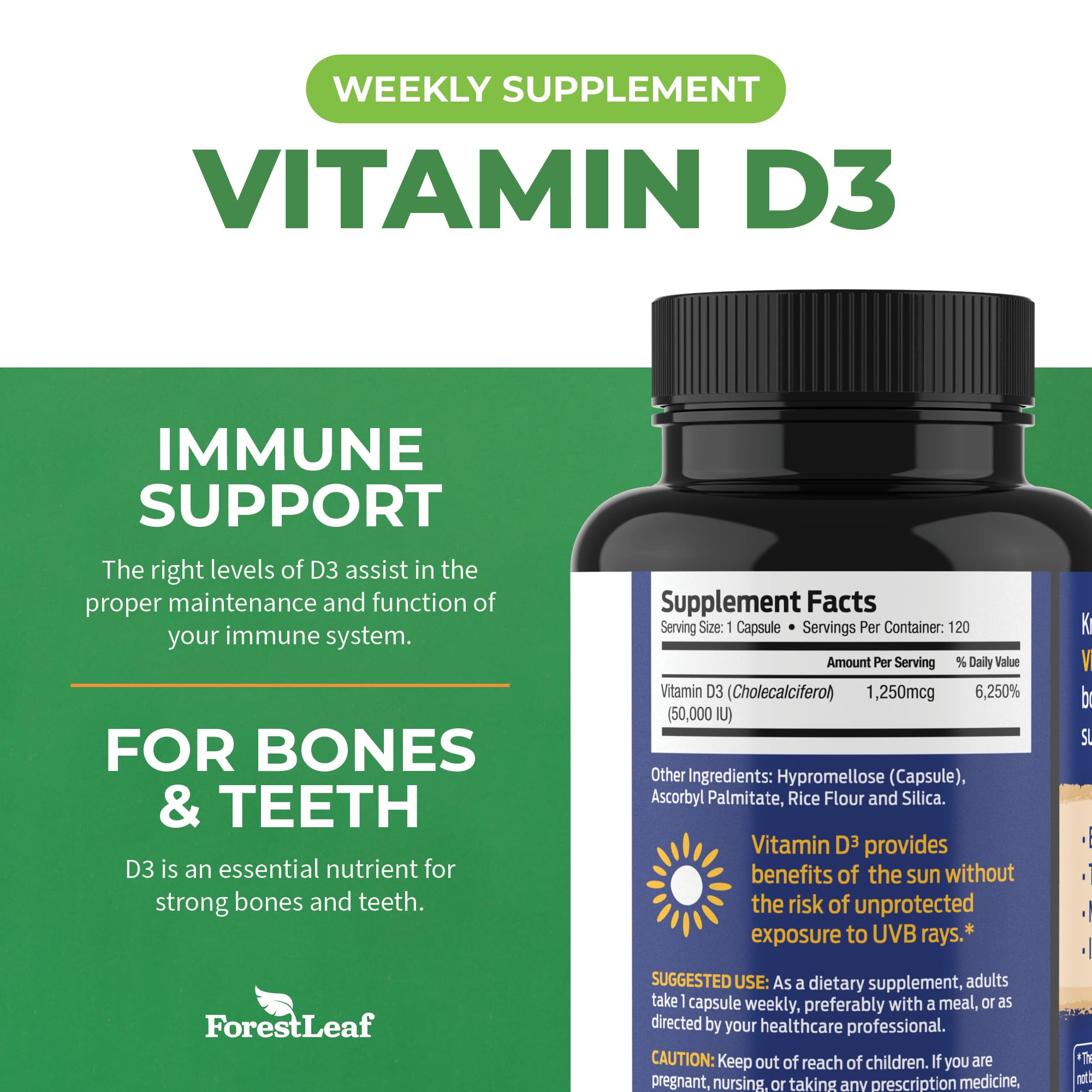 ForestLeaf - Vitamin D3 IU Weekly Supplement - (50,000 IU - 120 Count - 2 Pack) ForestLeaf uk supplements