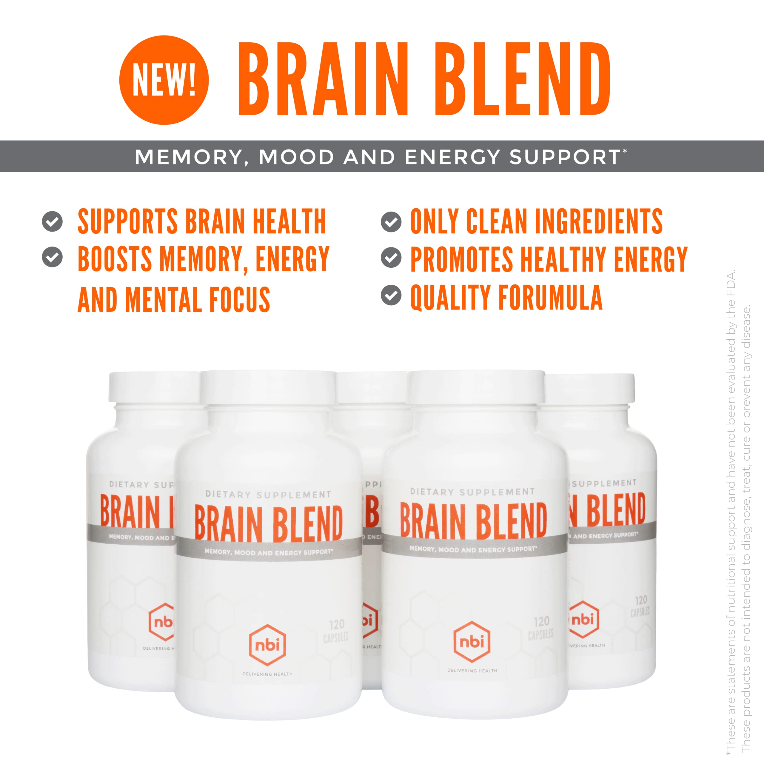 NBI Brain Blend for Memory, Focus, Concentration, Cognitive Function for Men & Women | Caffeine-Free with ALCAR, Alpha Lipoic Acid, Huperzine A, Turmeric | Nootropic | 120ct Capsules NBI uk supplements