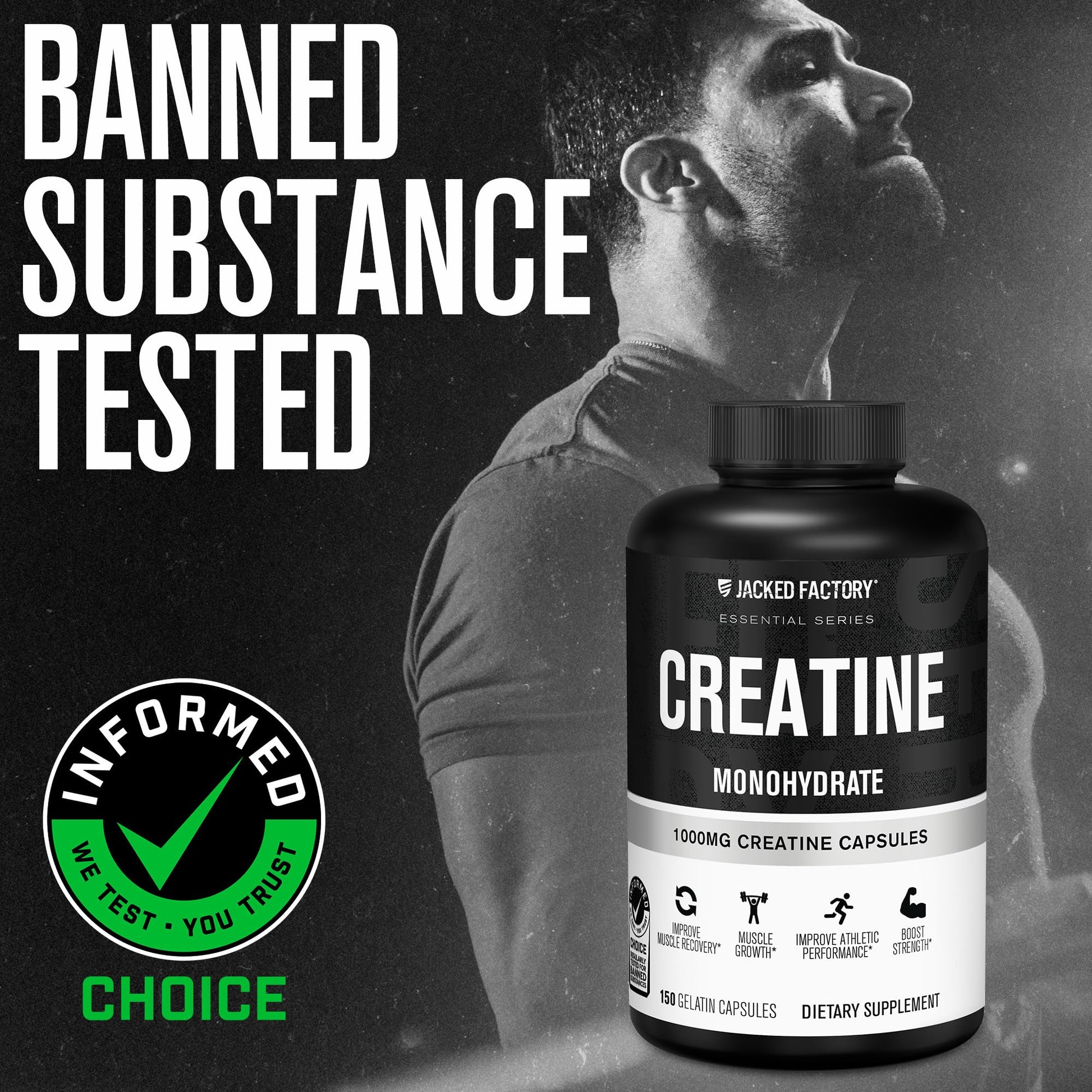 Jacked Factory Creatine Monohydrate Capsules - Creatine Pills for Muscle Growth, Increased Strength, Enhanced Energy Output and Improved Athletic Performance - 150 Capsules Jacked Factory uk supplements