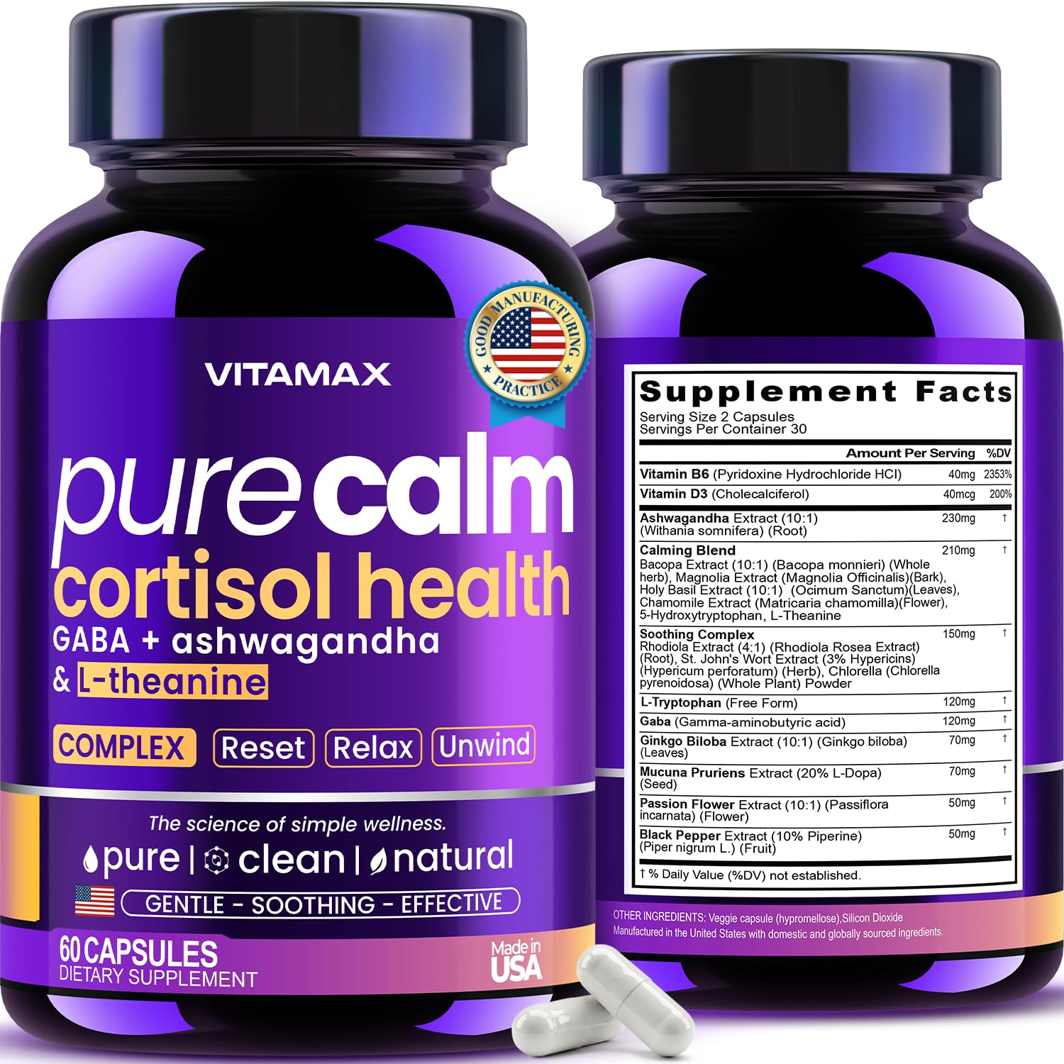 Vitamax Pure Calm Cortisol Supplements for Women - L Theanine, Ashwagandha, GABA for Relaxation, Mood & Stress Support with Ginkgo Biloba, Bacopa Monnieri, 5-HTP – Non-GMO, Made in USA – 60ct Vitamax uk supplements