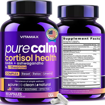 Vitamax Pure Calm Cortisol Supplements for Women - L Theanine, Ashwagandha, GABA for Relaxation, Mood & Stress Support with Ginkgo Biloba, Bacopa Monnieri, 5-HTP – Non-GMO, Made in USA – 60ct Vitamax uk supplements