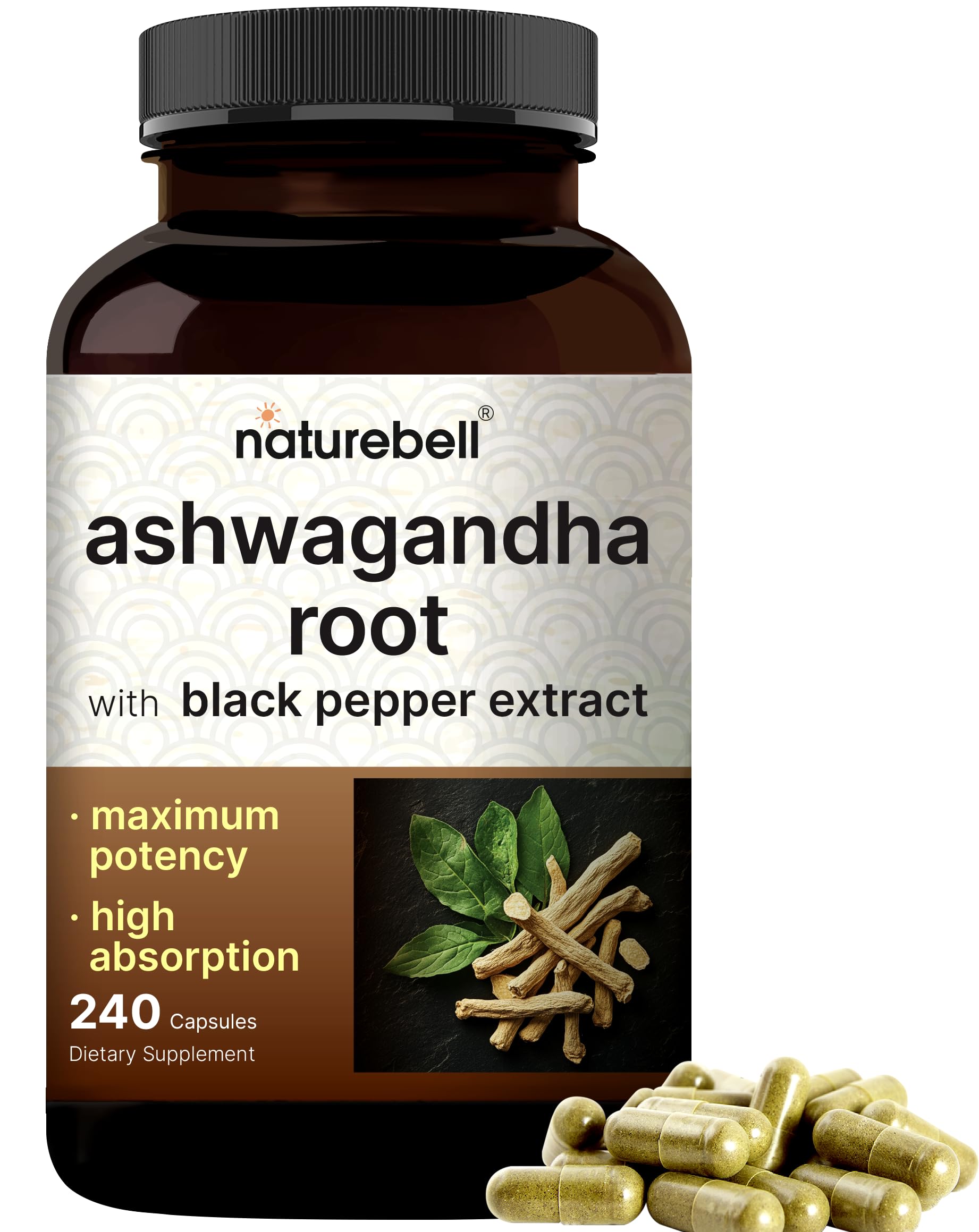 NatureBell Ashwagandha Root with Black Pepper Extract - 240 Capsules - High Strength Adaptogen for Calmness, Relaxation & Immune Support* NatureBell uk supplements
