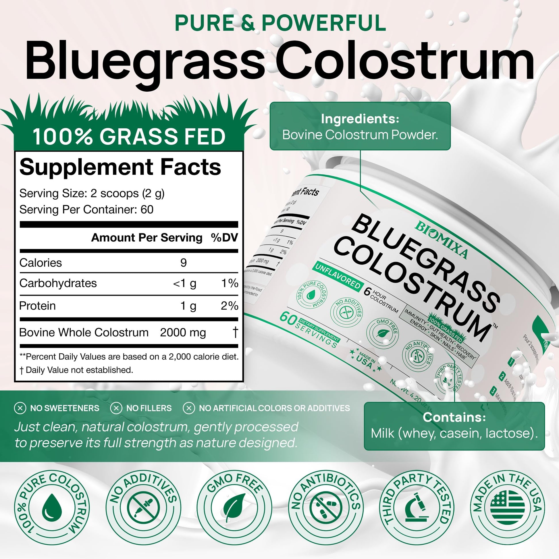Bovine Colostrum Supplement - 100% Pure Whole Colostrum Powder - Grass-Fed, Unflavored, No Additives, Gut & Immune Support, Natural IgG, 60 Servings - Made in USA Bluegrass Colostrum uk supplements