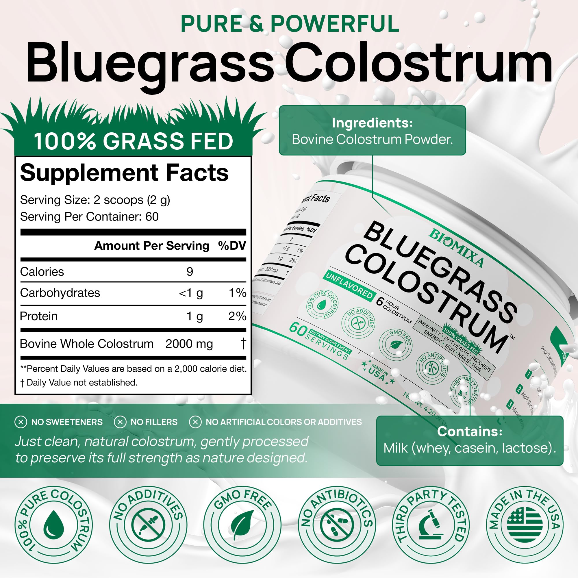Bovine Colostrum Supplement - 100% Pure Whole Colostrum Powder - Grass-Fed, Unflavored, No Additives, Gut & Immune Support, Natural IgG, 60 Servings - Made in USA Bluegrass Colostrum uk supplements