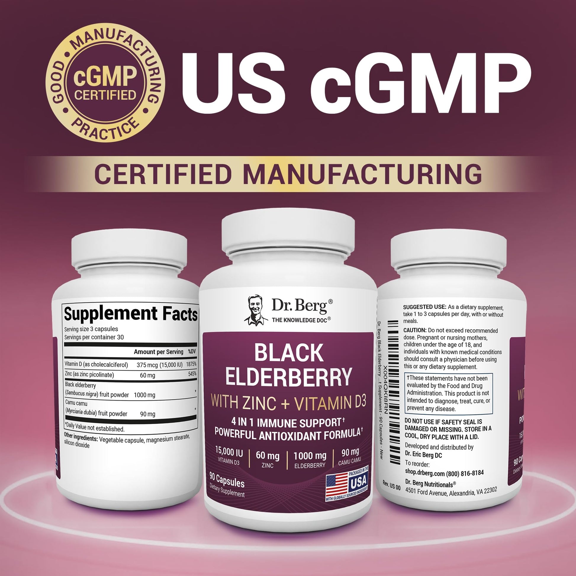 Dr. Berg Black Elderberry Capsules (Advanced Immune Support*) with 15,000 IU Vitamin D, 60 mg of Zinc, & 90 mg of Camu Camu - (4-in-1) Sambucus Elderberry Immune Support Supplement - 90 Capsules Dr. Berg Nutritionals uk supplements