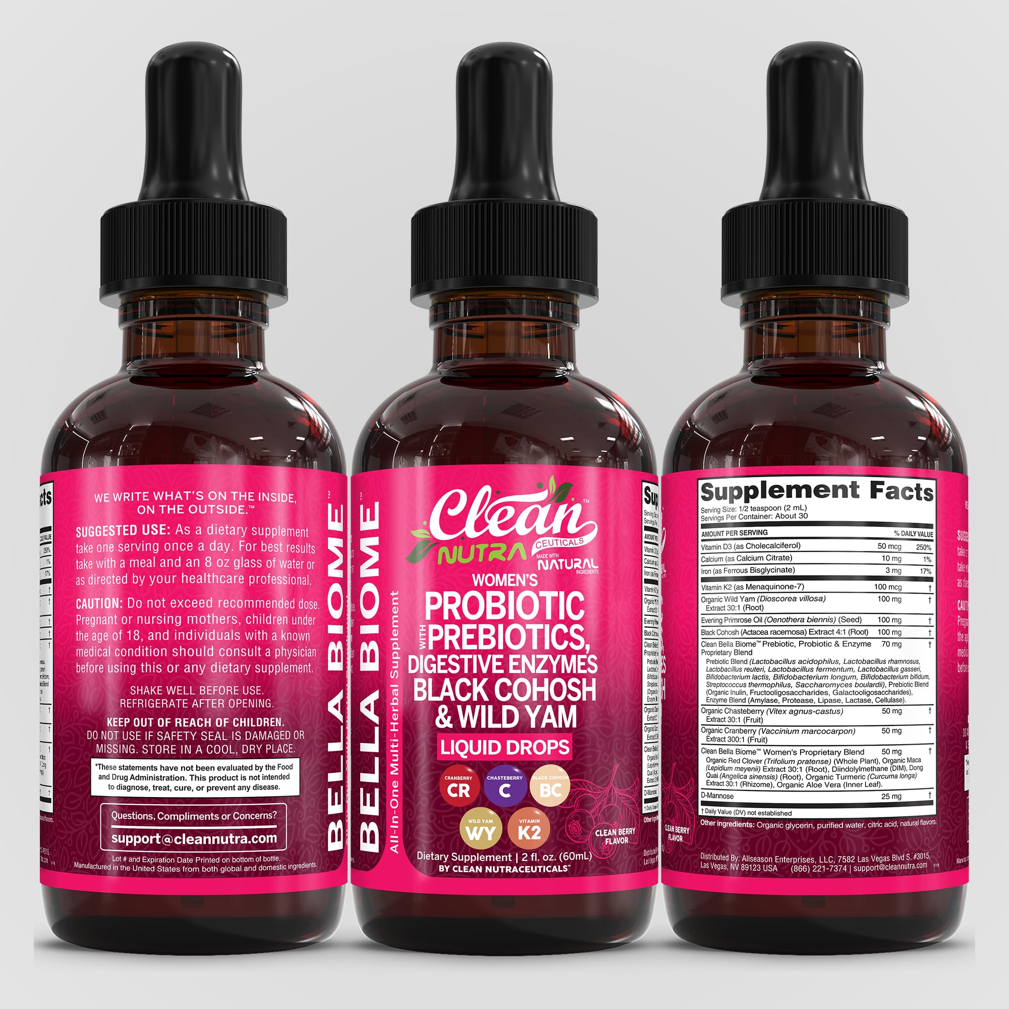Liquid Probiotics for Women Drops with Chasteberry, Black Cohosh, Prebiotics, Digestive Enzymes, Evening Primrose Oil, Wild Yam, Cranberry Dmannose and Iron Vitamin D3 K2 Clean Nutra Bella Biotics Clean Nutraceuticals uk supplements