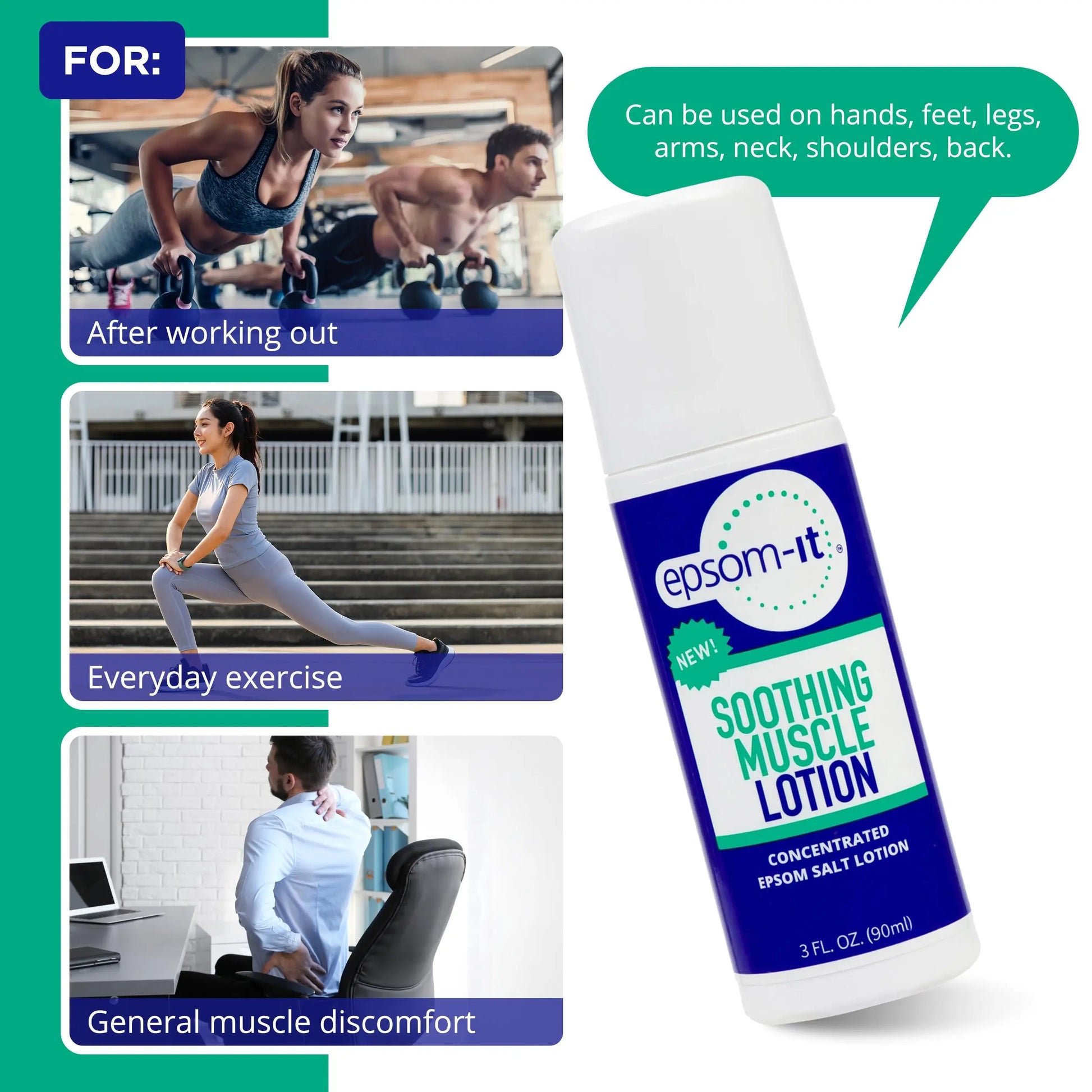 Epsom-It Soothing Muscle Lotion - Roll On Epsom Salt Lotion with Arnica for Muscle Stiffness, Leg, Knees and Feet Discomfort, Topical Magnesium Cream, 3oz EPSOM-IT uk supplements