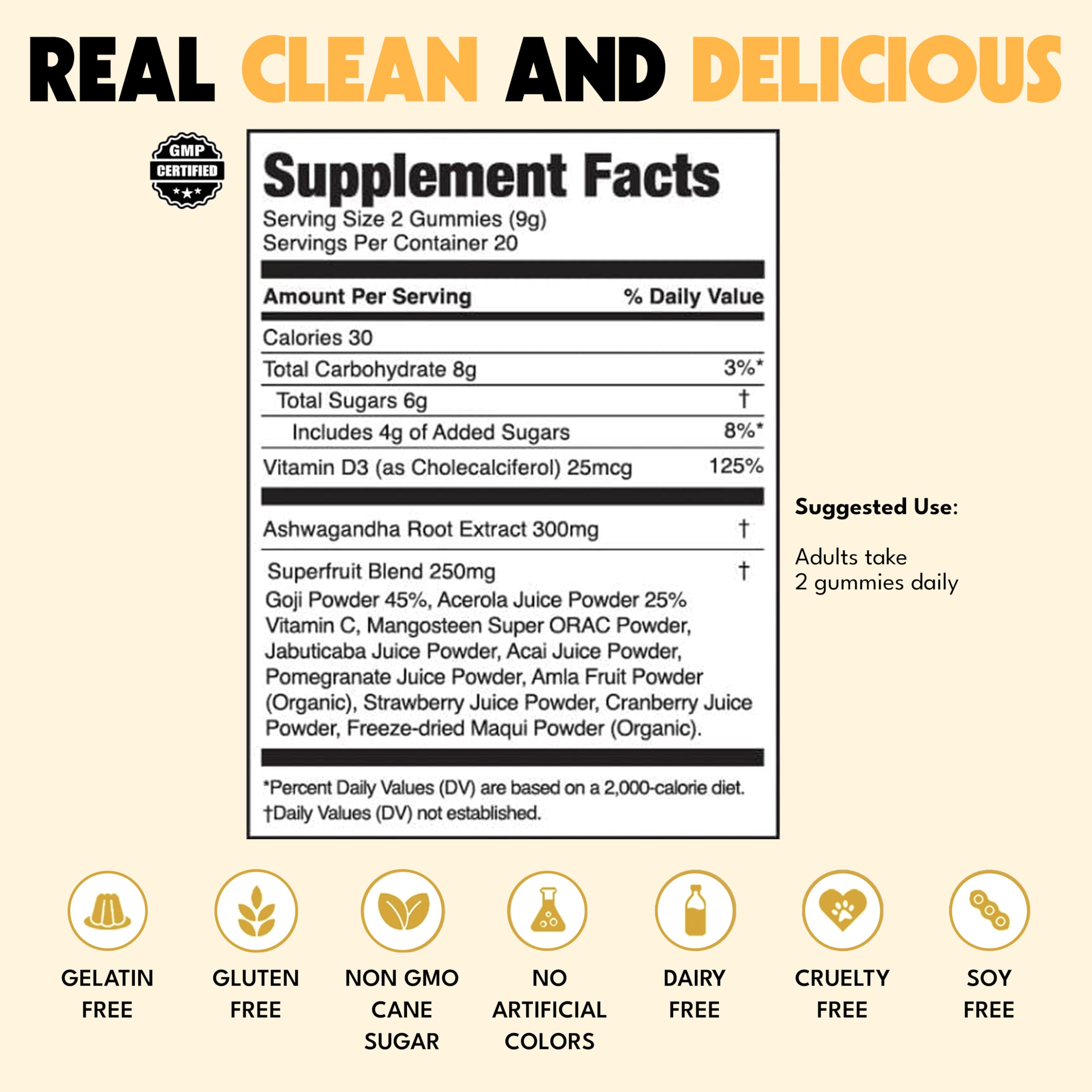 JUGO Focus + SUPERFOODS Ashwagandha Gummies with Vitamin D3 & Superfruit Blend, Vegetarian-Friendly Focus Supplement with Adaptogens, Gelatin-Free and Gluten-Free, Non-GMO, Made in USA, 40 Coun JUGO LLC uk supplements