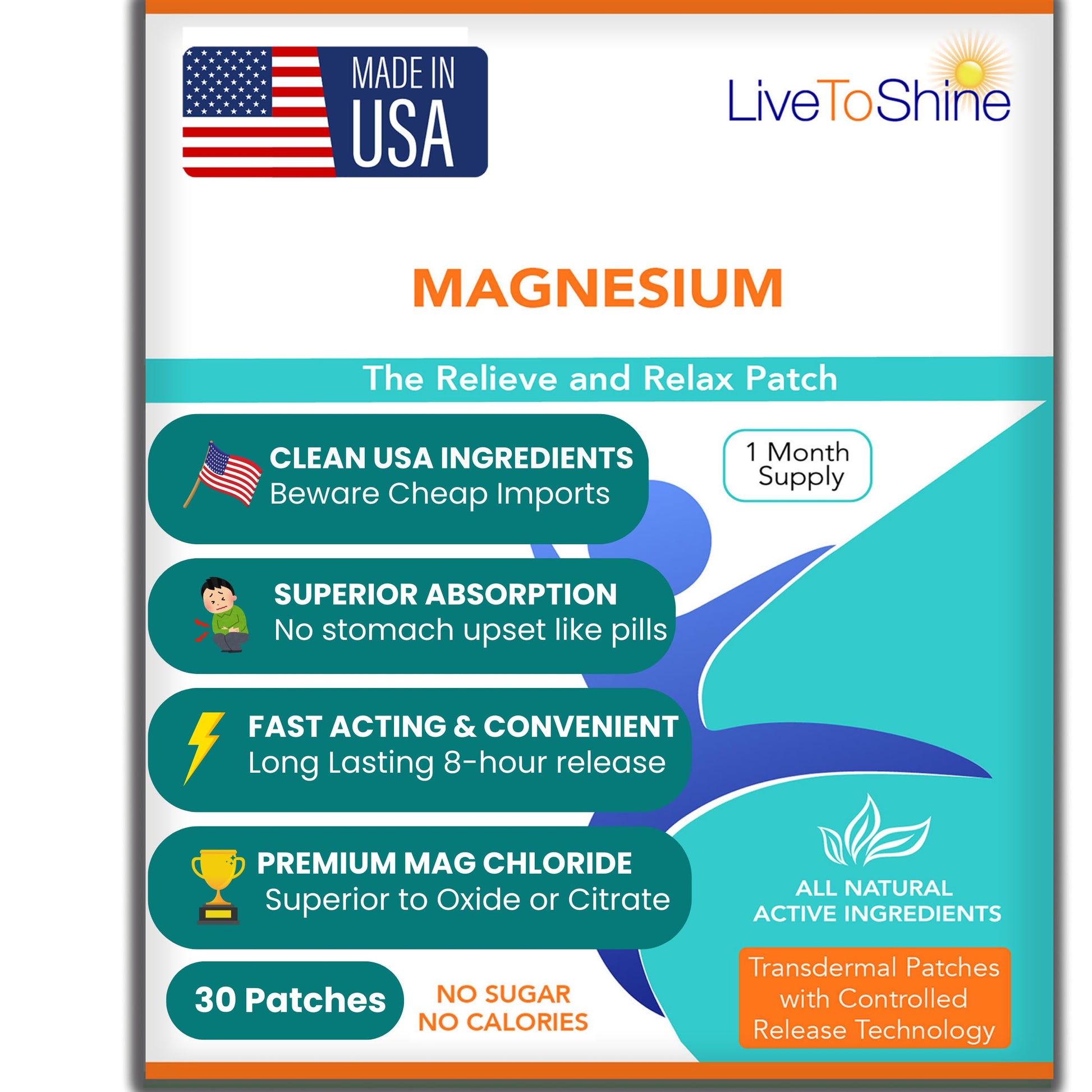 Magnesium Patches for Men and Women - Sleep Support & Relaxation, Muscle Recovery, Nerve Function - USA Made - 30 Premium Fast-Acting, Slow-Release Patches - Live To Shine Live To Shine uk supplements