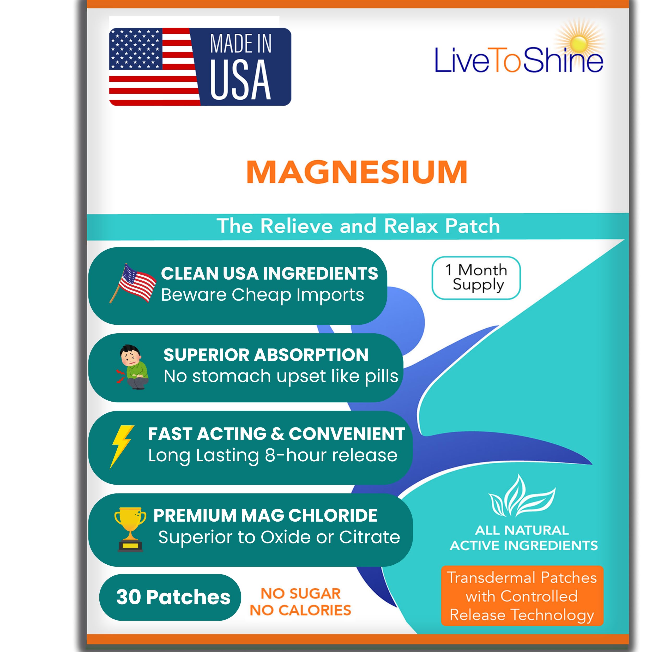 Magnesium Patches for Men and Women - Sleep Support & Relaxation, Muscle Recovery, Nerve Function - USA Made - 30 Premium Fast-Acting, Slow-Release Patches - Live To Shine Live To Shine uk supplements