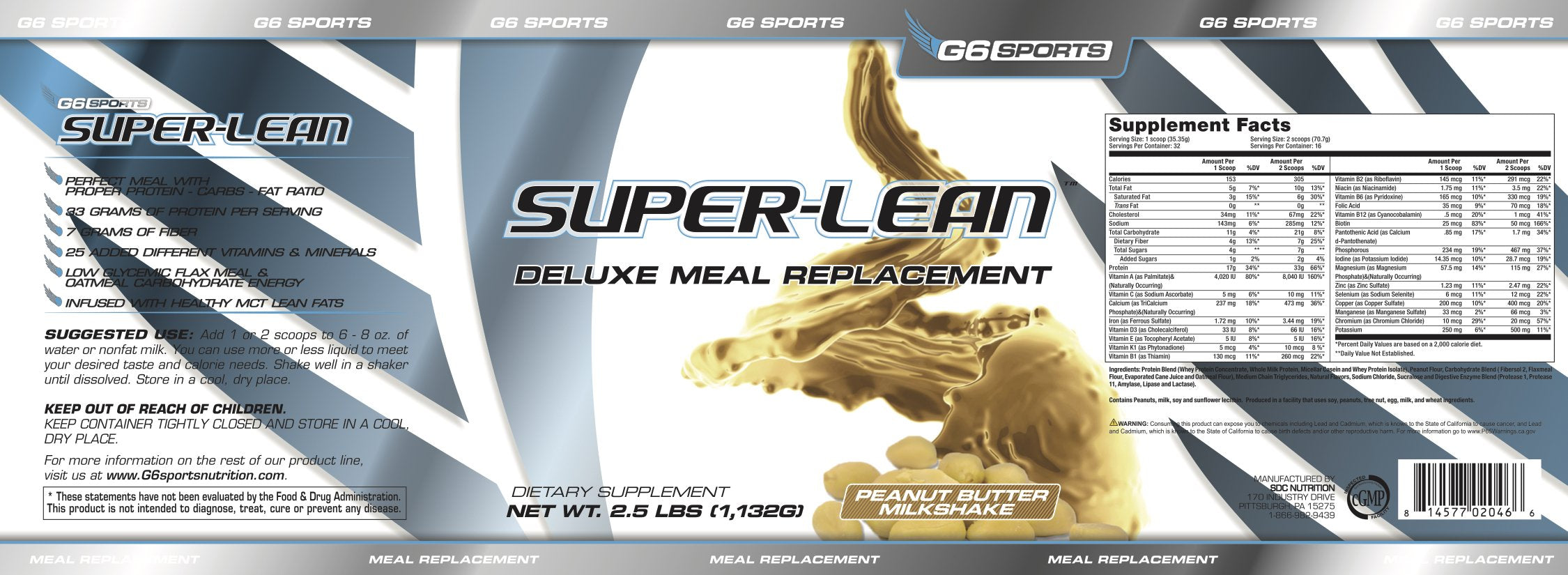 G6 Sports Nutrition Super-Lean Deluxe Meal Replacement (32g Protein, 7g Fiber, 25 Added G6 Sports uk supplements