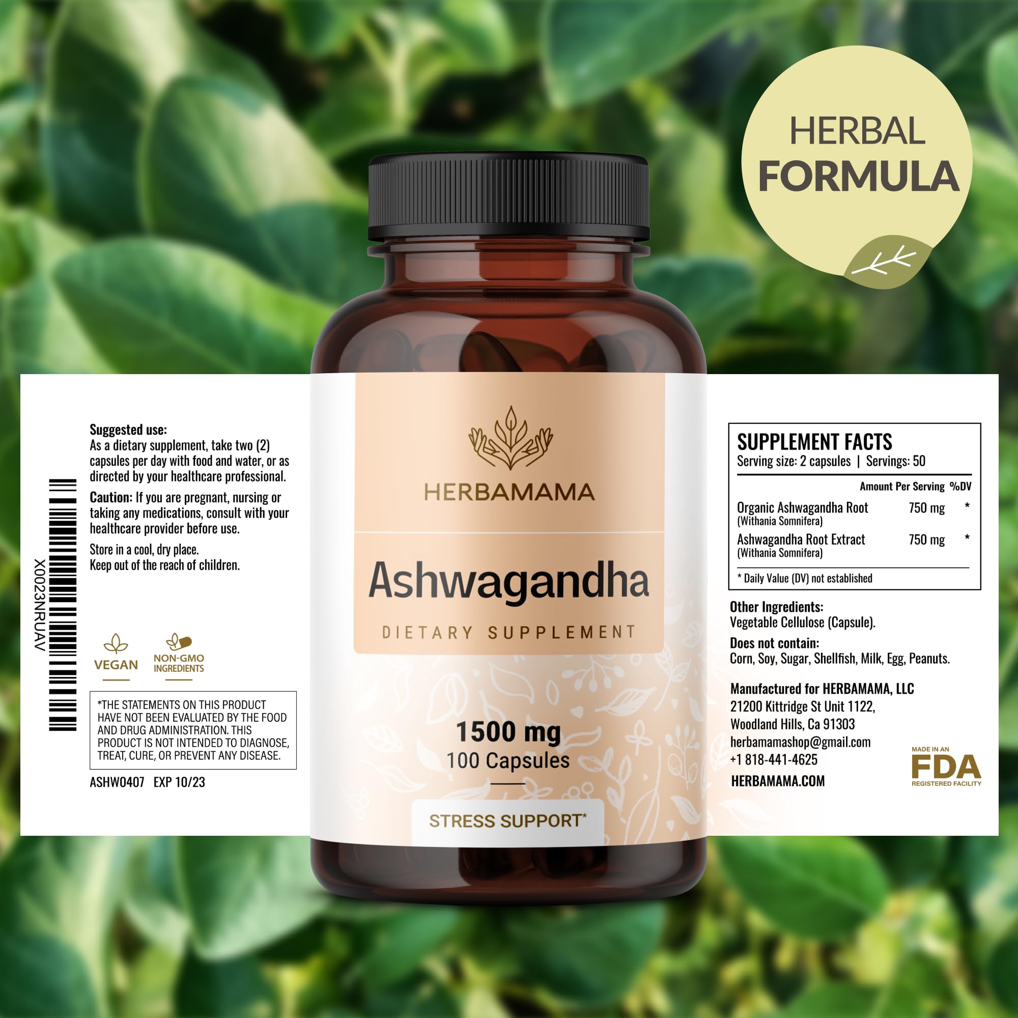 HERBAMAMA Ashwagandha Capsules - 1500mg Pure Ashwagandha Root Focus Supplement - Vegan, Non-GMO Mood & Calm Support Supplement for Adults, 100 Caps HERBAMAMA uk supplements