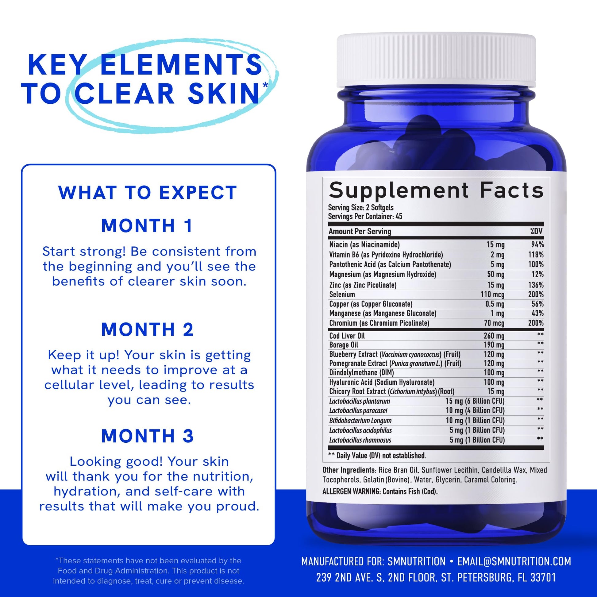 Clear Skin Supplement with Zinc, DIM & Probiotics | 3-in-1 Balance, Glow & Health Skin Support | Triple Action Hyaluronic Acid, Niaciminide & Vitamins for Hormone, Complexion & Gut Support | 180 Ct SMNutrition uk supplements