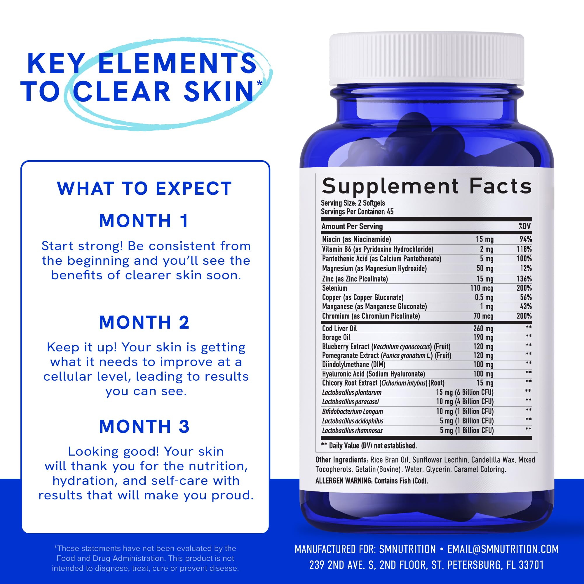 Clear Skin Supplement with Zinc, DIM & Probiotics | 3-in-1 Balance, Glow & Health Skin Support | Triple Action Hyaluronic Acid, Niaciminide & Vitamins for Hormone, Complexion & Gut Support | 180 Ct SMNutrition uk supplements