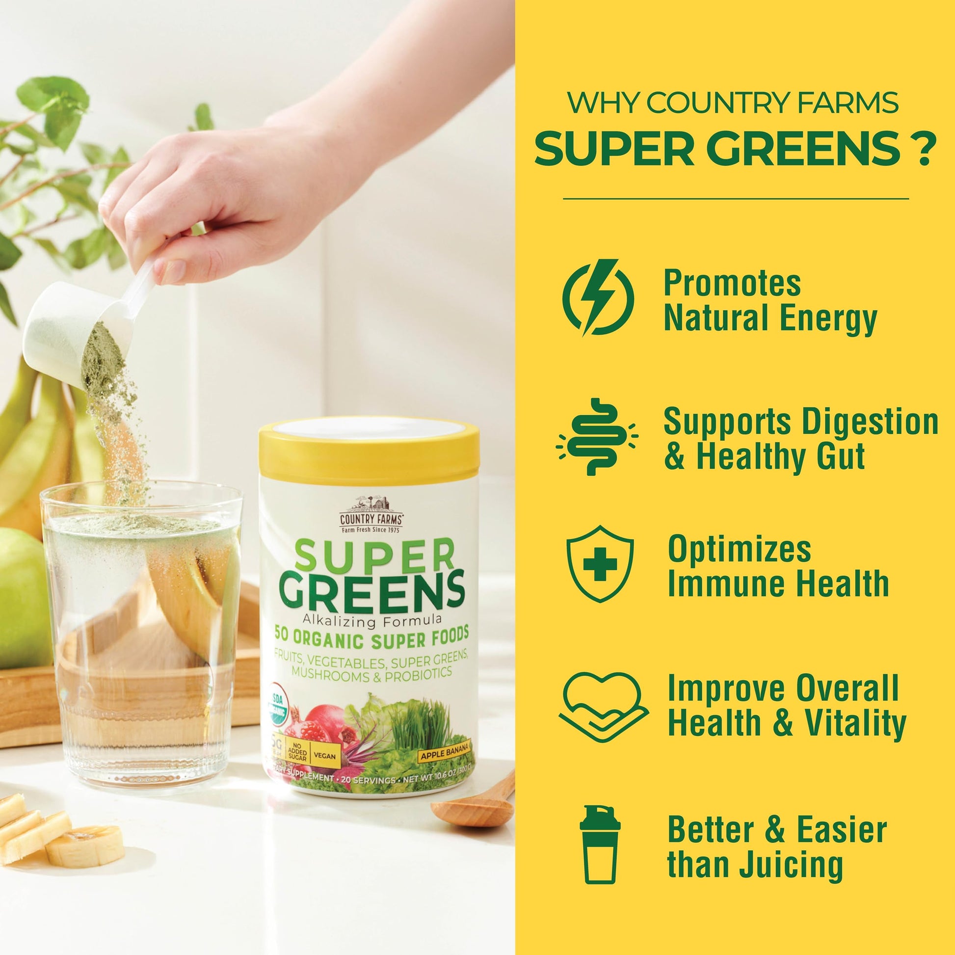 Country Farms Super Greens Apple Banana Powder Smoothie, Organic Super Foods, USDA Organic Drink Mix, Fruits, Vegetables, Mushrooms, Superfood Nutrition, 40 Servings, 2 Pack Country Farms uk supplements
