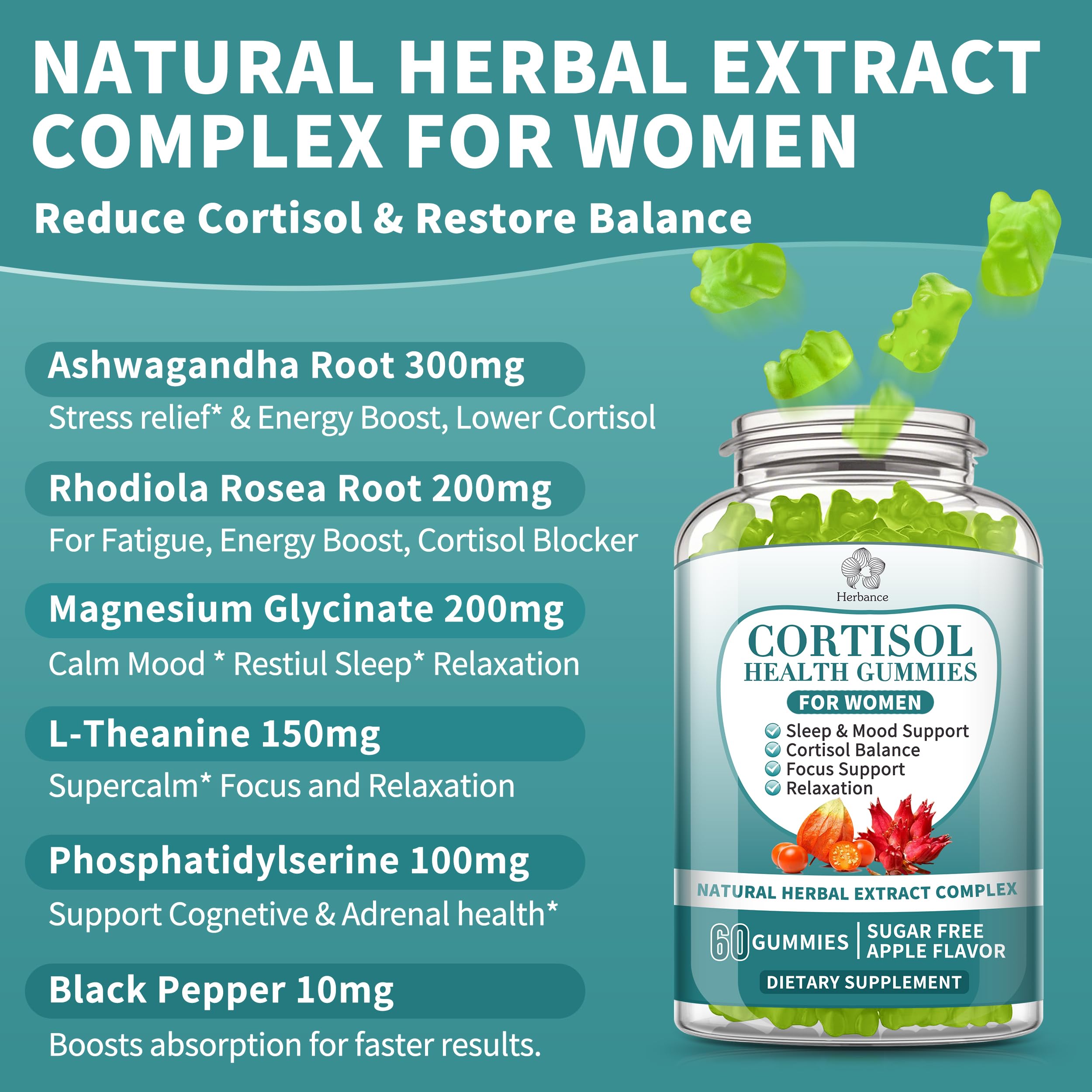 Cortisol Supplements Gummies for Women, Cortisol Reducer w.Ashwagandha Rhodiola Rosea Magnesium L-Theanine Phosphatidylserine Black Peper, Hormone Balanced & Lower Cortisol - 30 Day Vegan Supply Herbance uk supplements