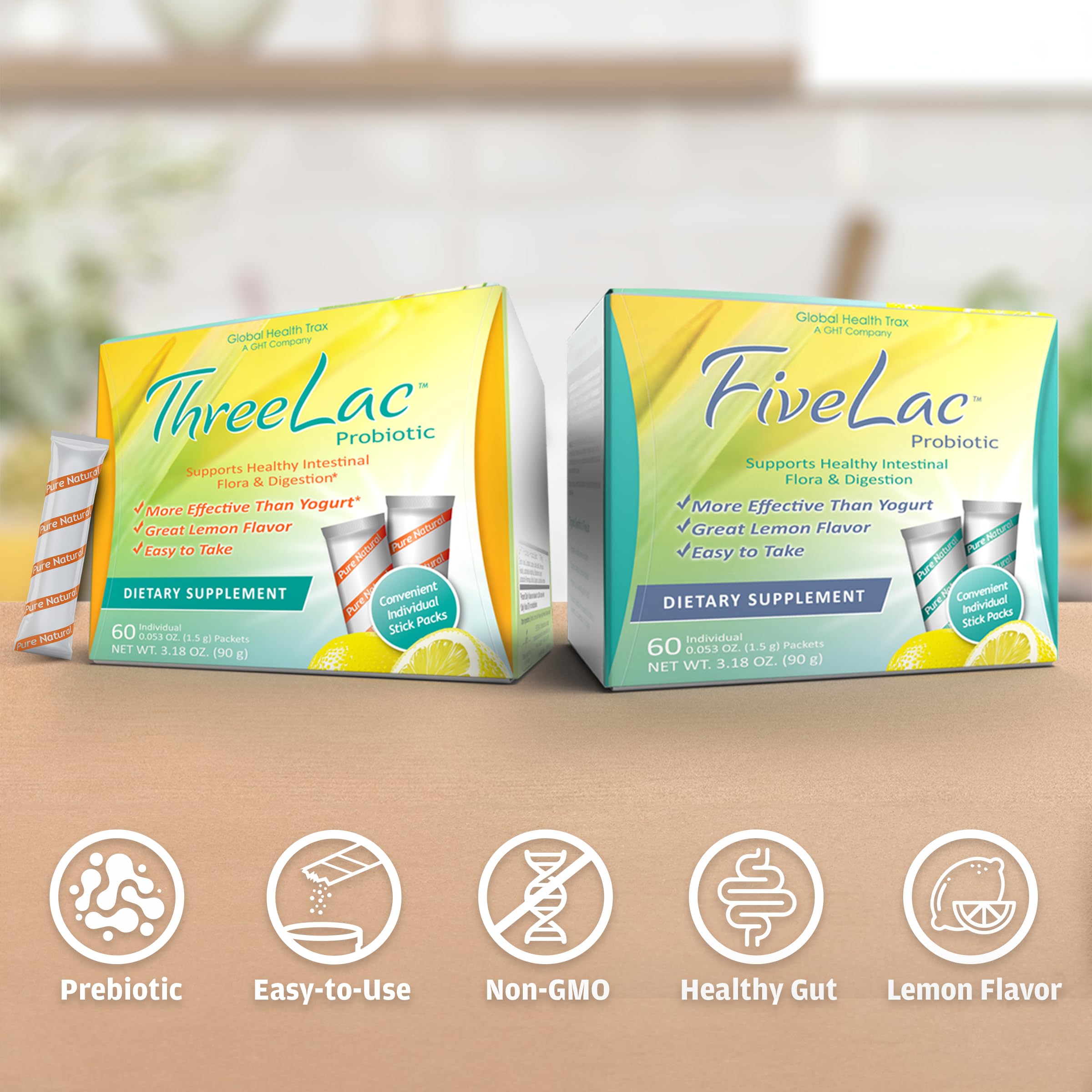 Global Health Trax GHT - FiveLac + Threelac Lemon Probiotic Powder Drink Mix, Probiotics for Women, Men, Kids, Smooth Digestive Support & Elimination, Relieves Constipation & Gas - 60 Packets, Non-GMO ght Global Health Trax uk supplements