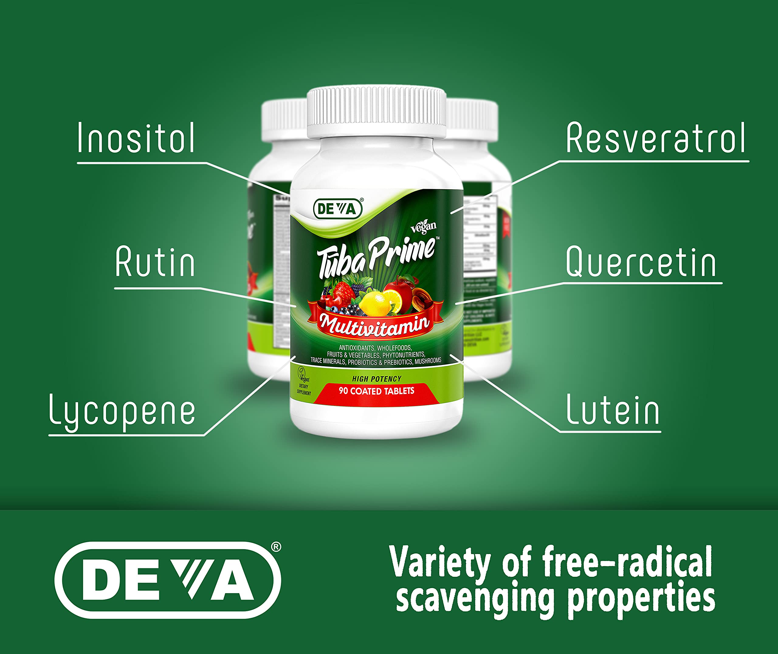 DEVA Tuba Prime Vegan Multivitamin - High-Potency Vitamin and Mineral Dietary Supplement - Antioxidants, Fruit and Vegetable Blend, Super Mushrooms, Probiotics, Prebiotics, Seeds, Herbs - 90 Tablets DEVA uk supplements