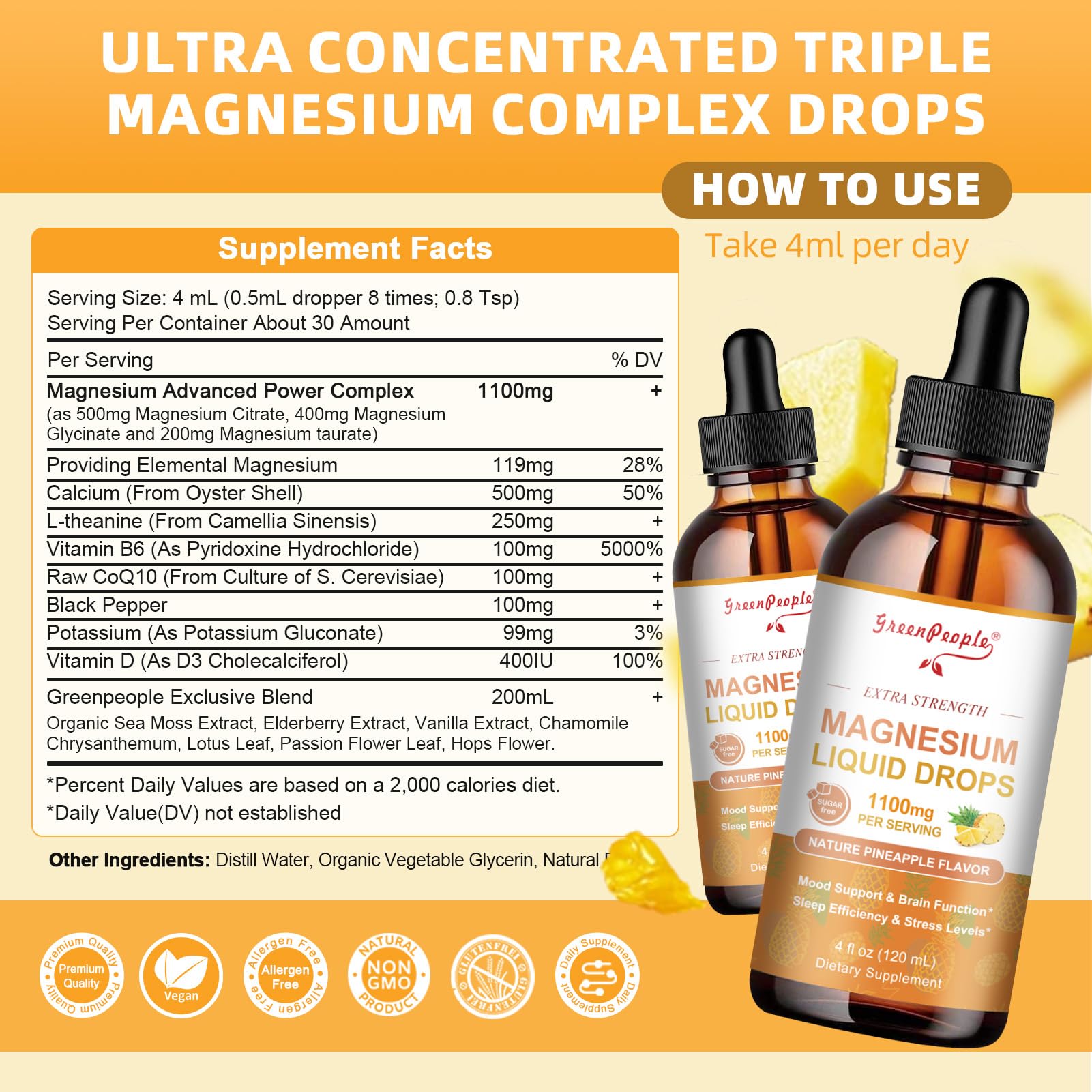 GREENPEOPLE 17-in-1 Triple Magnesium Complex Supplement,Magnesio Liquid Drops with Magnesium Glycinate & Citrate,Pineapple Flavor,Calm Mood,Muscle & Sleep for Adults,4 fl. oz 2Pack GREENPEOPLE uk supplements