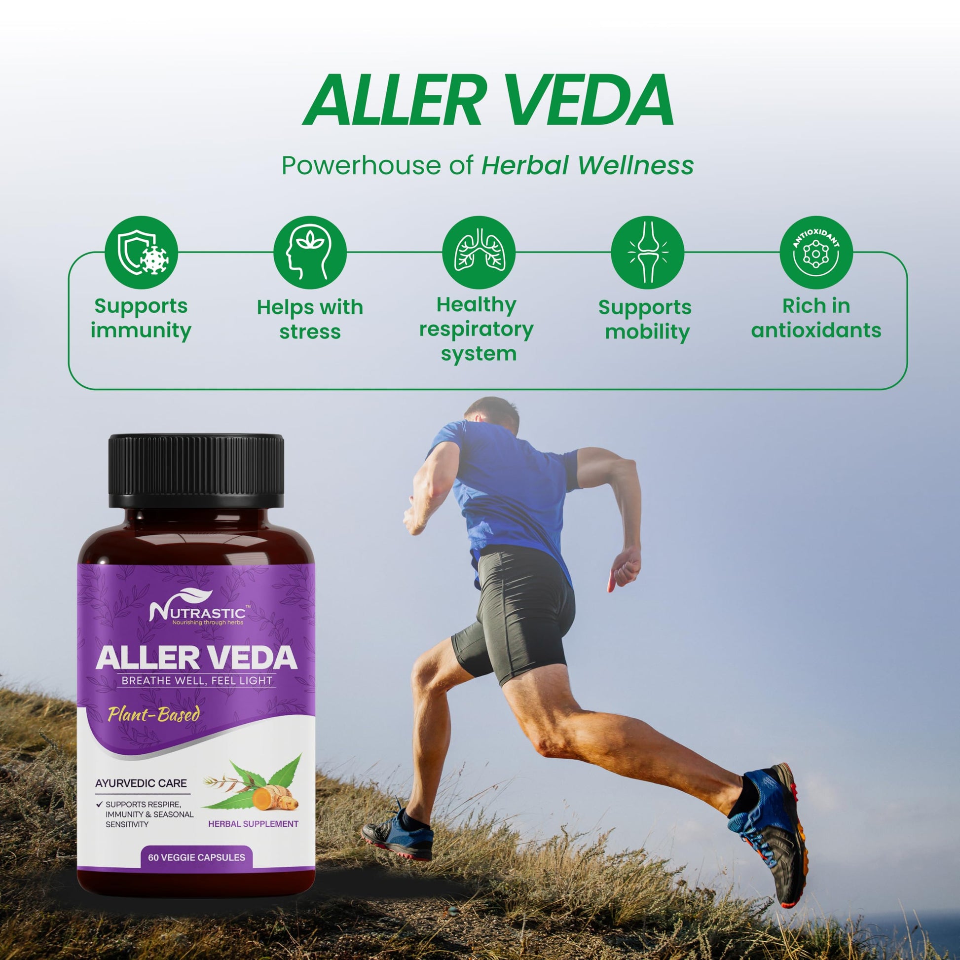 Nutrastic Aller Veda Respiratory Wellness Supplement with Pure Tulsi, Amla, Turmeric, and Neem | Natural Support for Healthy Breathing | 60 Caps Nutrastic uk supplements
