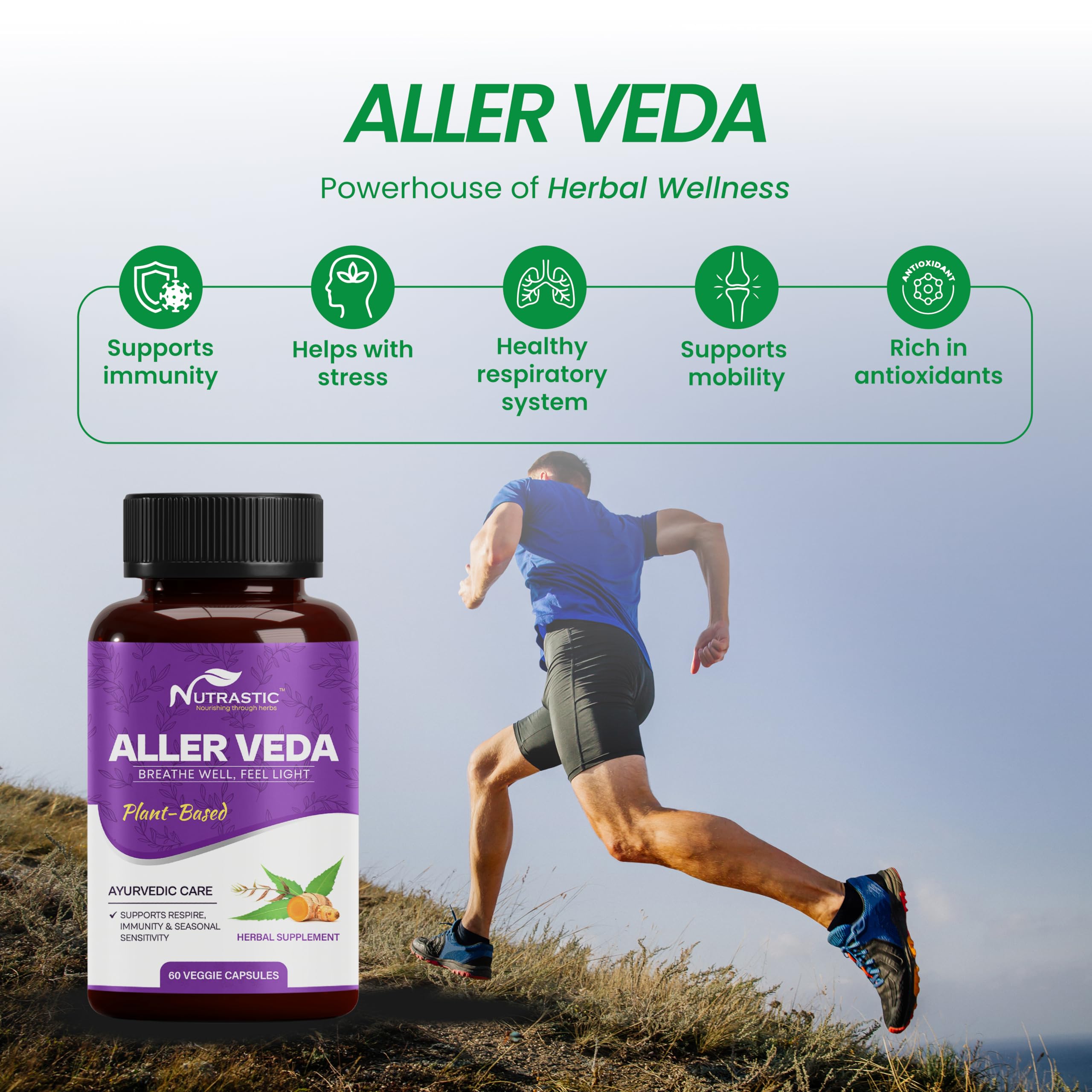 Nutrastic Aller Veda Respiratory Wellness Supplement with Pure Tulsi, Amla, Turmeric, and Neem | Natural Support for Healthy Breathing | 60 Caps Nutrastic uk supplements