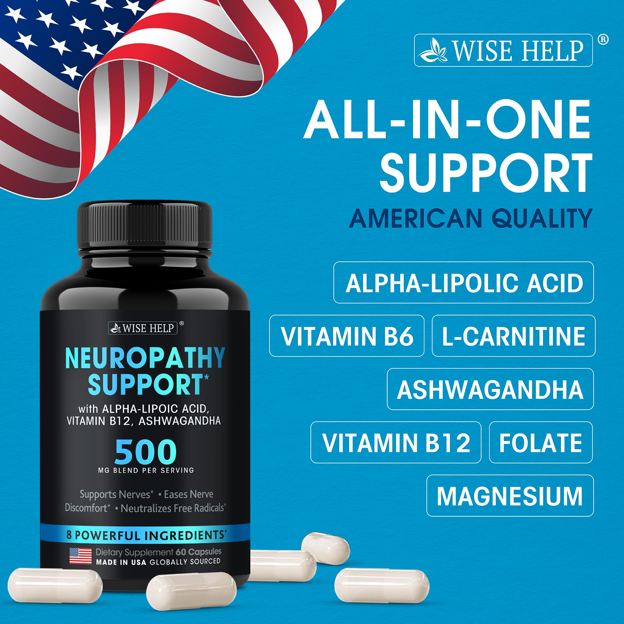 Neuropathy Support Natural Nerve Discomfort Relief - Made in USA - Nerve Antioxidant for Trigeminal Neuralgia, Diabetic & Peripheral Neuropathy - Hands, Neck, Feet & Toes Treatment Formula - Pack of 2 WISEHELP uk supplements