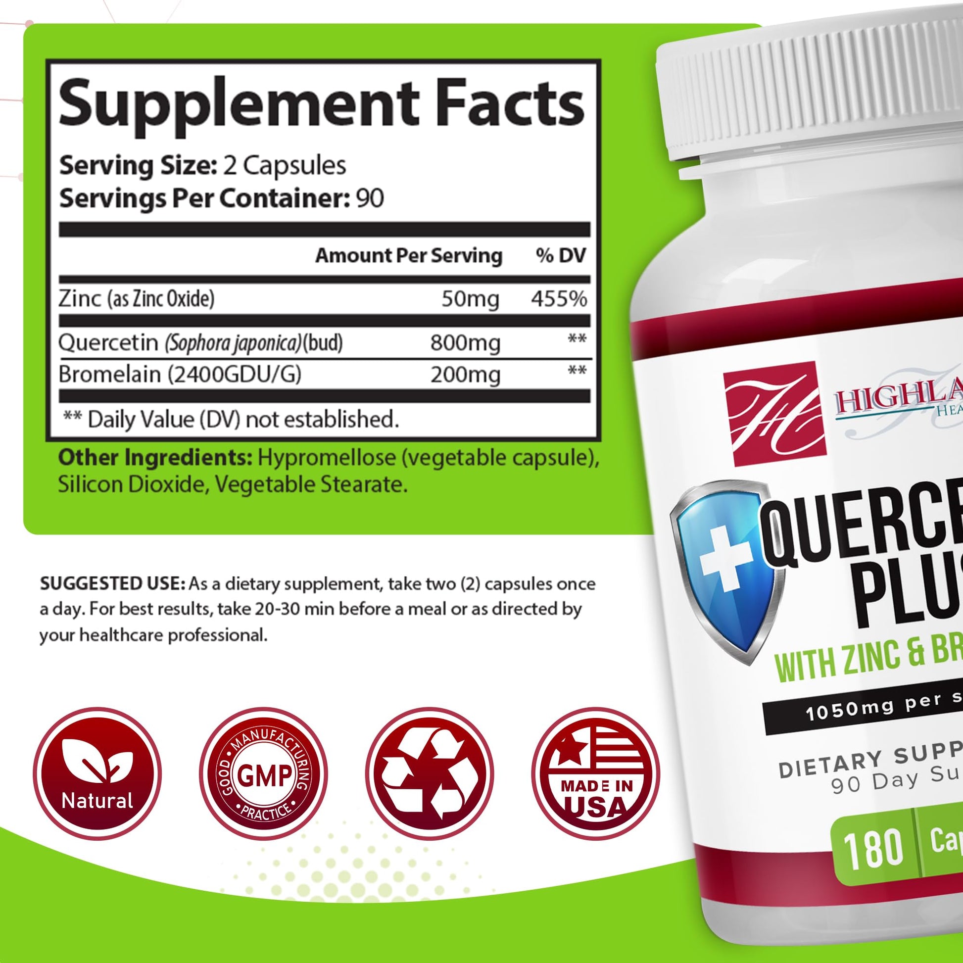 Highland Health Foods Quercetin Plus Bromelain and Zinc 180 Capsules - Immune Support Supplement for Adults, Teens, Seniors - Quercetin with Bromelain for Immune Support Highland Health Foods uk supplements