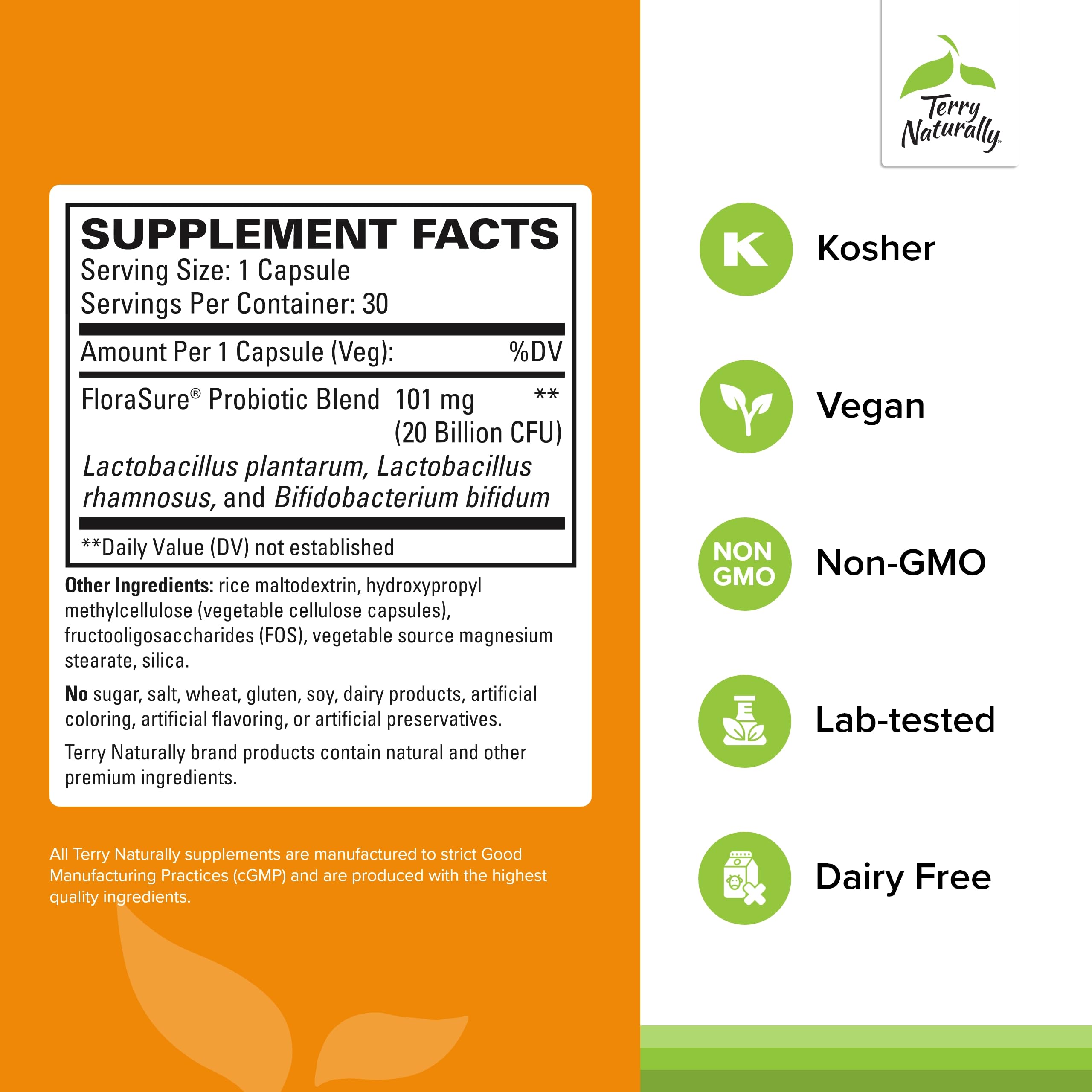 Terry Naturally FloraSure Probiotic - Digestion Supplement to Aid Against Occasional Bloating & Support Gas Relief - Gut Health Support Supplement with Bifidobacterium Bifidum - 30 Capsules Terry Naturally uk supplements