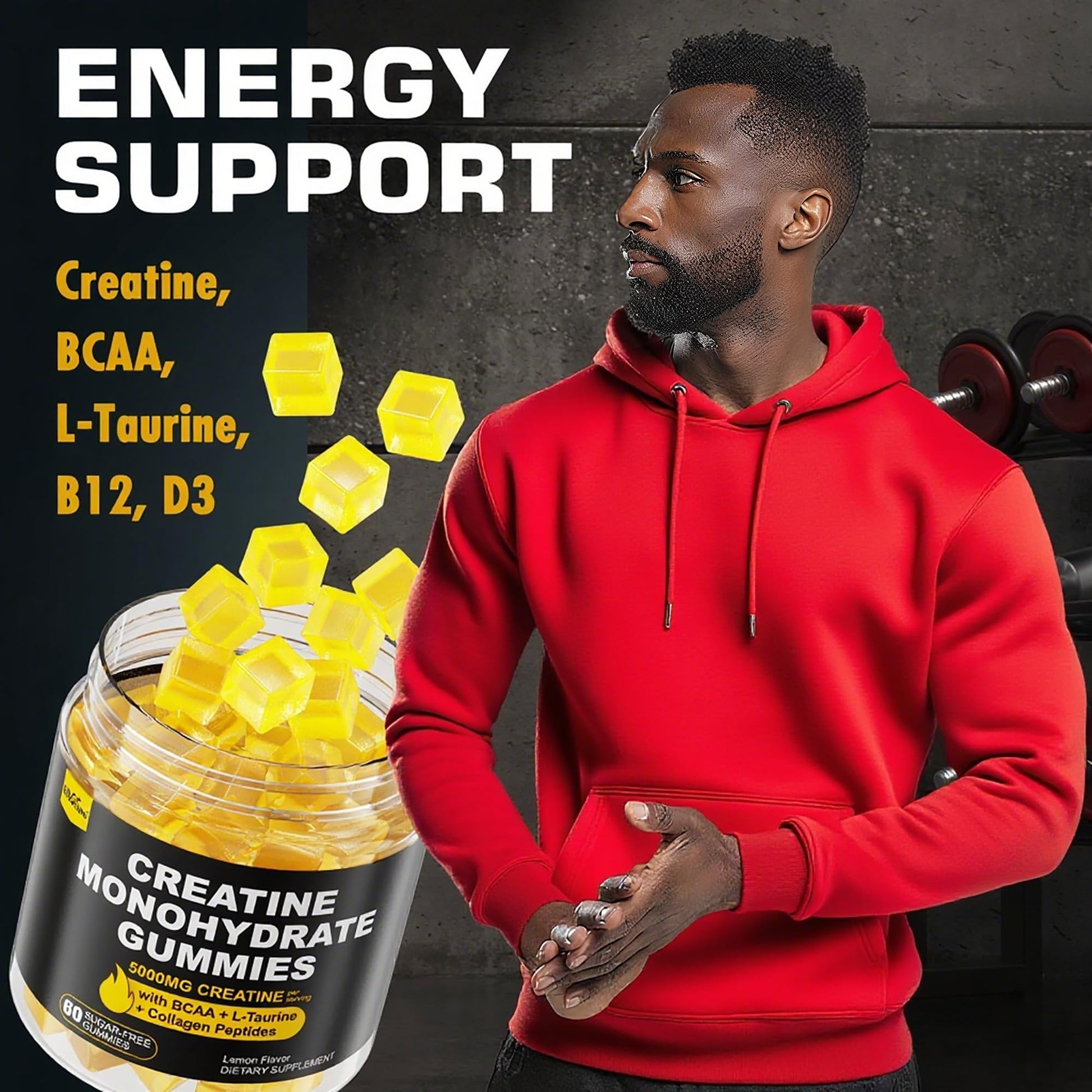 Creatine Monohydrate Gummies for Men & Women - with BCAA, Collagen Peptides, L-Taurine, Vitamin B12, D3, Chewables Creatine Monohydrate 5g Per Serving, Natural Lemon Flavor, Sugar Free, 2 Pack EnvyCure uk supplements