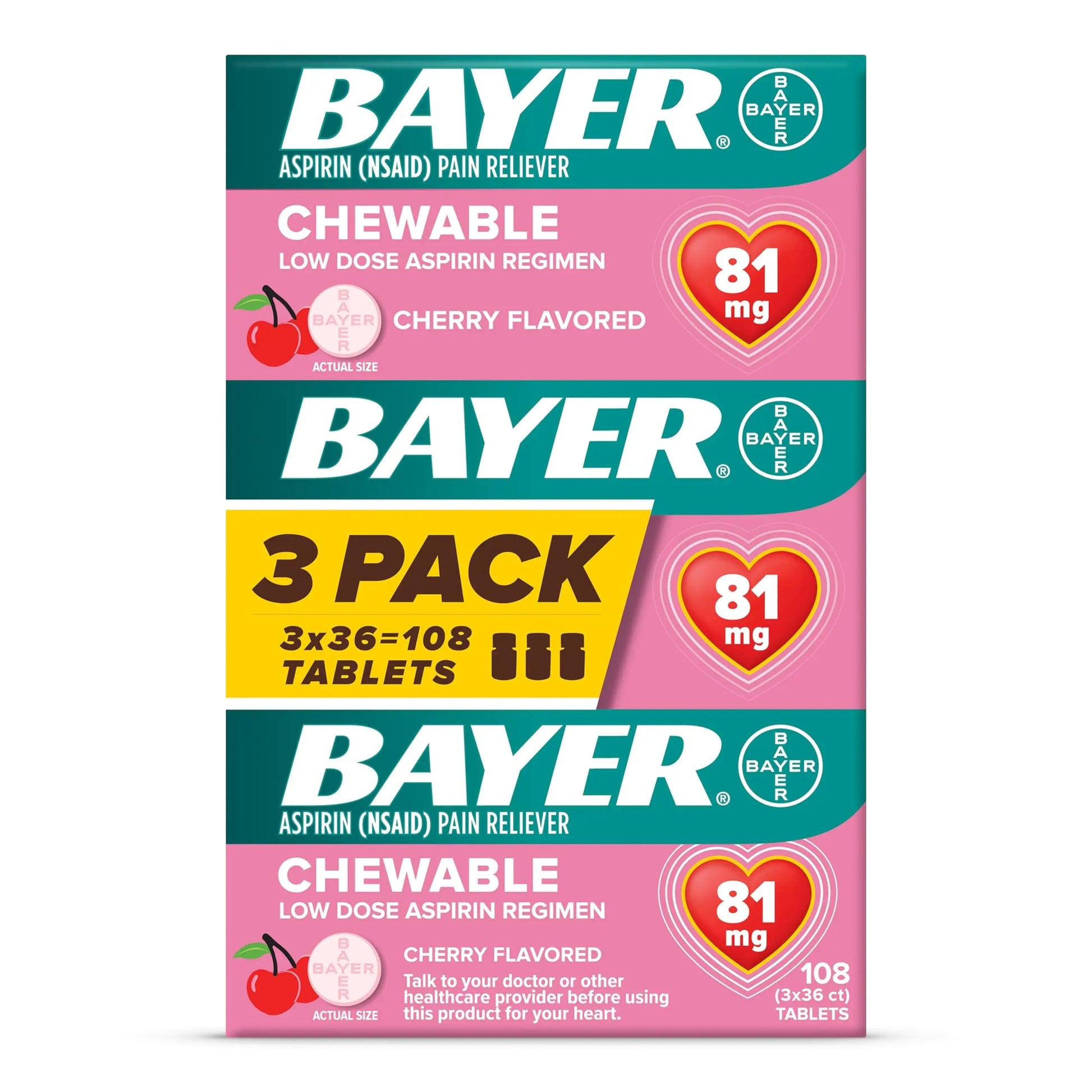Bayer Aspirin Low Dose 81 mg Chewable Tablets, Pain Reliever, Cherry Flavored, 108 Tablets (36 Pack of 3) Bayer uk supplements