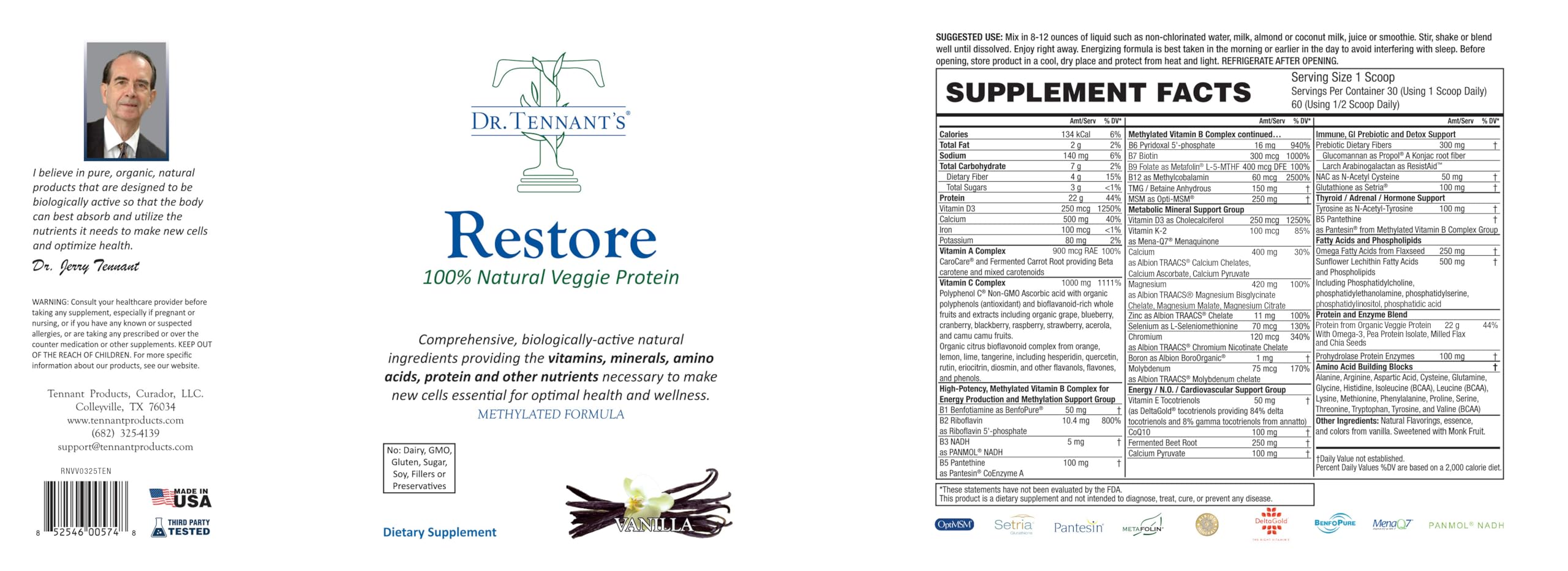 Restore Vanilla Veggie Protein | Premium Plant-Based Protein - 100% Natural and Omega 3 Fusion, Including Pea Protein Isolate - Low Carb, Keto, Dairy Free - 30 Day Supply Dr. Tennant's Dr. Tennant's uk supplements
