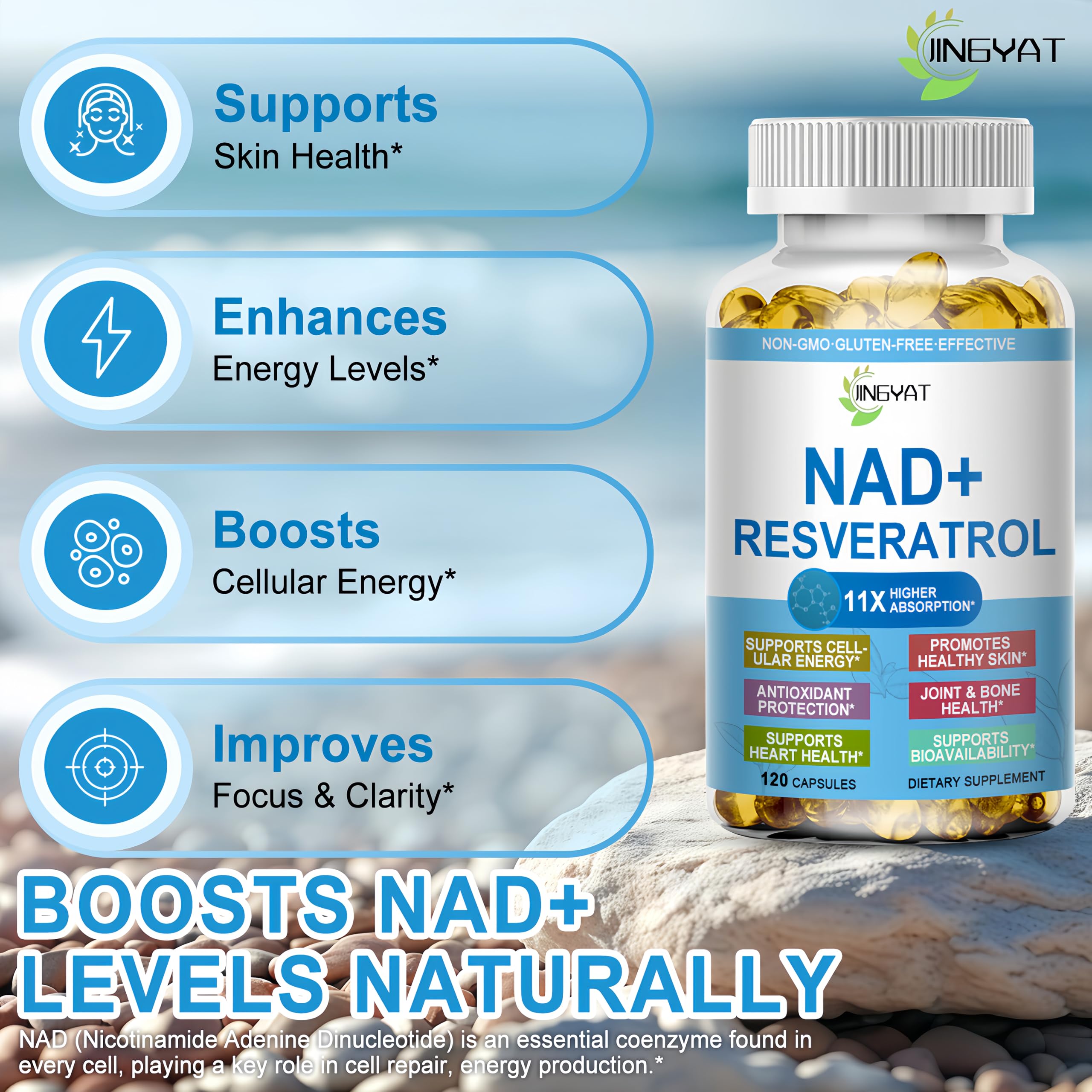 JINGYAT 11-in-1 NAD Supplement with Resveratrol, CoQ10, Quercetin, Collagen, Grape Seed for Cellular Energy, Mental Focus & Antioxidant Support - NAD Supplement for Women & Men, 120 Soft Capsules JINGYAT uk supplements