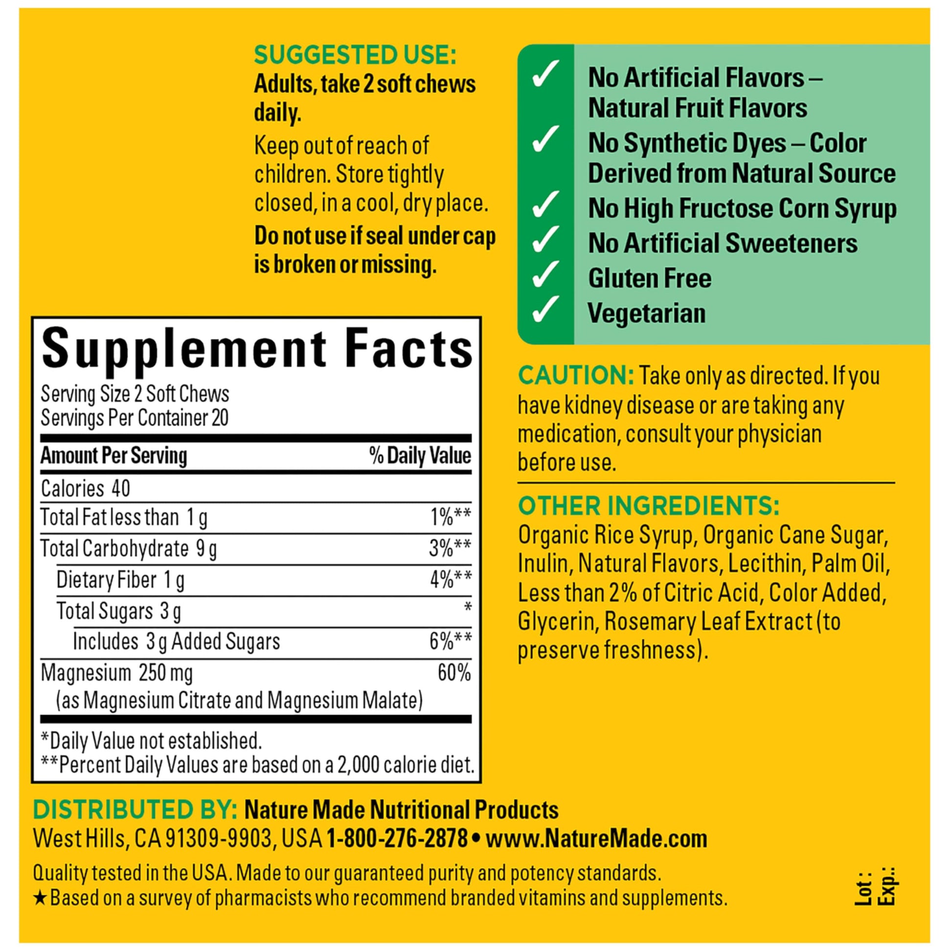 Nature Made High Absorption Magnesium Complex Soft Chews, Magnesium Supplement for Muscle, Heart, Bone Support, Magnesium Citrate & Malate Blend 250 mg per Serving, 40 Vegetarian Chews, 20 Day Supply Nature Made uk supplements